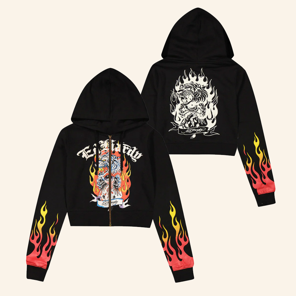Ed Hardy Merch Tiger Flame Cropped Zip Hoodie Ed Hardy Apparel Sister Gifts