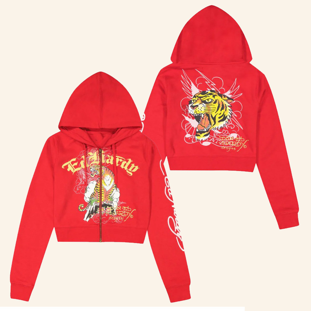 Ed Hardy Merch Tiger Mountain Cropped Zip Hoodie Ed Hardy Apparel Gifts For Mother