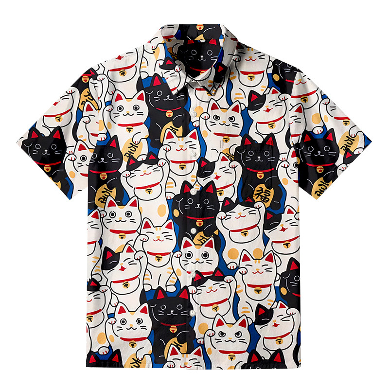 Edo Period Lucky Cat Button Up Shirt Cute Animal Shirt Funny Gifts For Cat Lovers