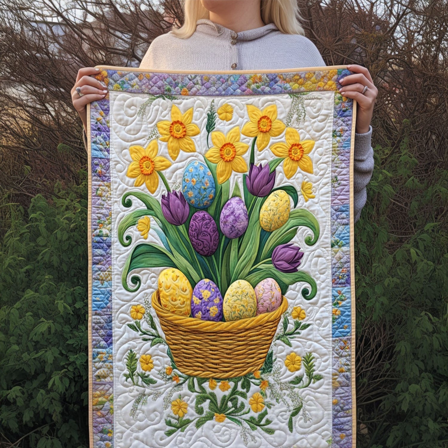 Eggs in Bloom Quilted Table Runner Easter Table Decor Gifts For Mom