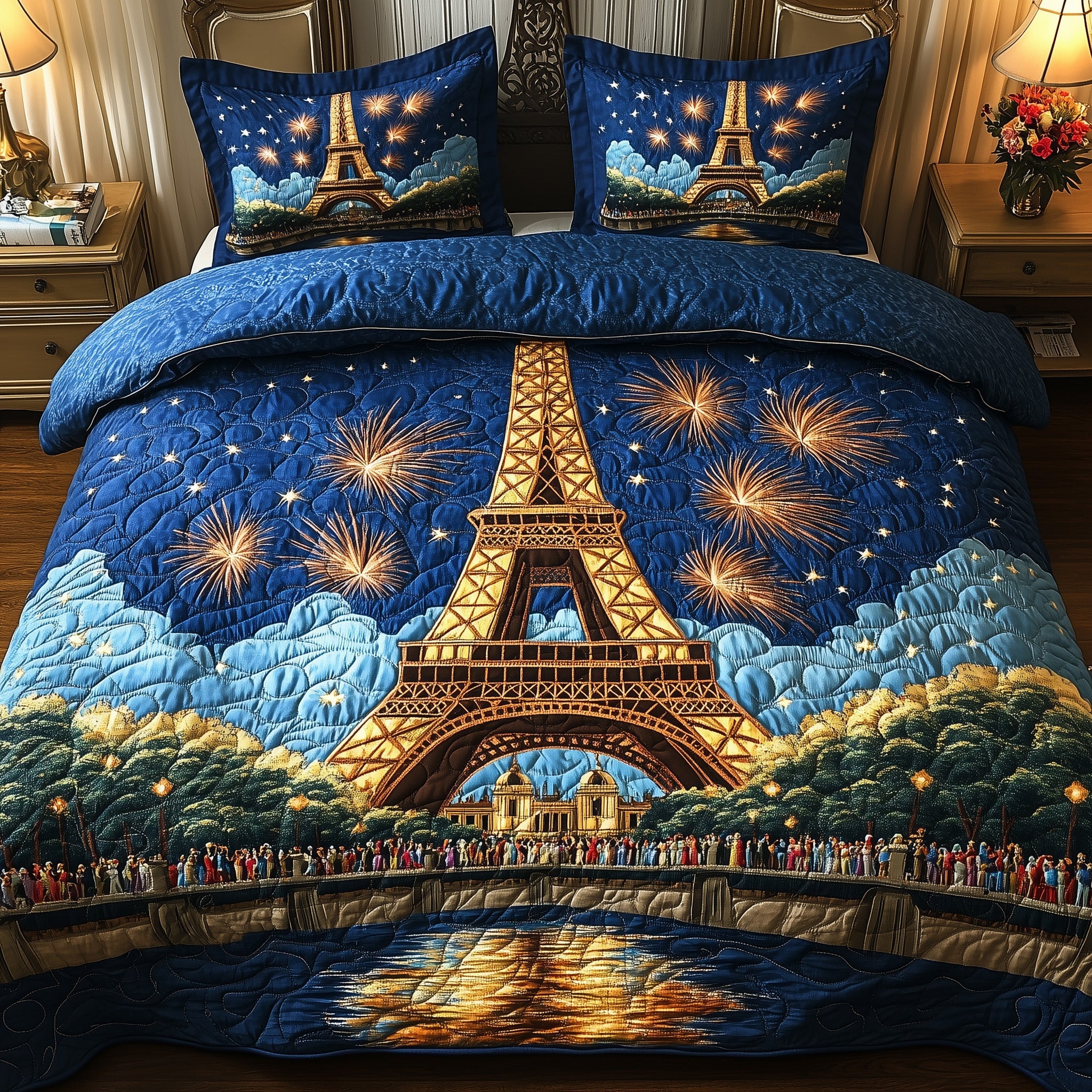 Eiffel Celebration Night Quilted Bedding Set Floral Print