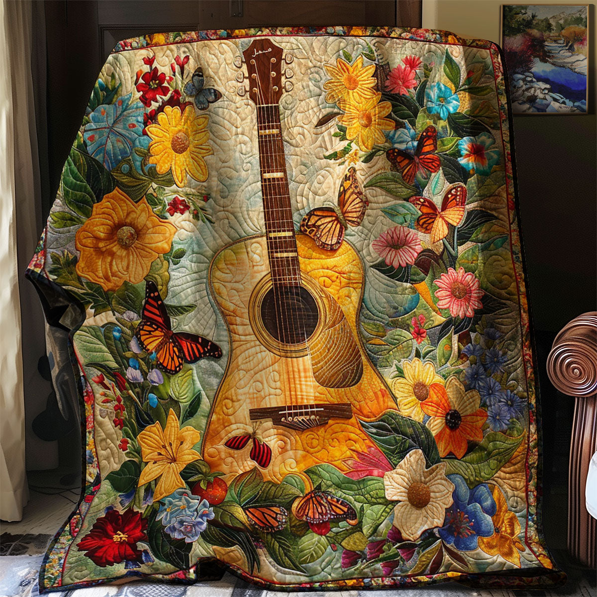 Electric Guitar The Garden Quilt Blanket Flower Throw Blanket Gifts For Guitar Lovers