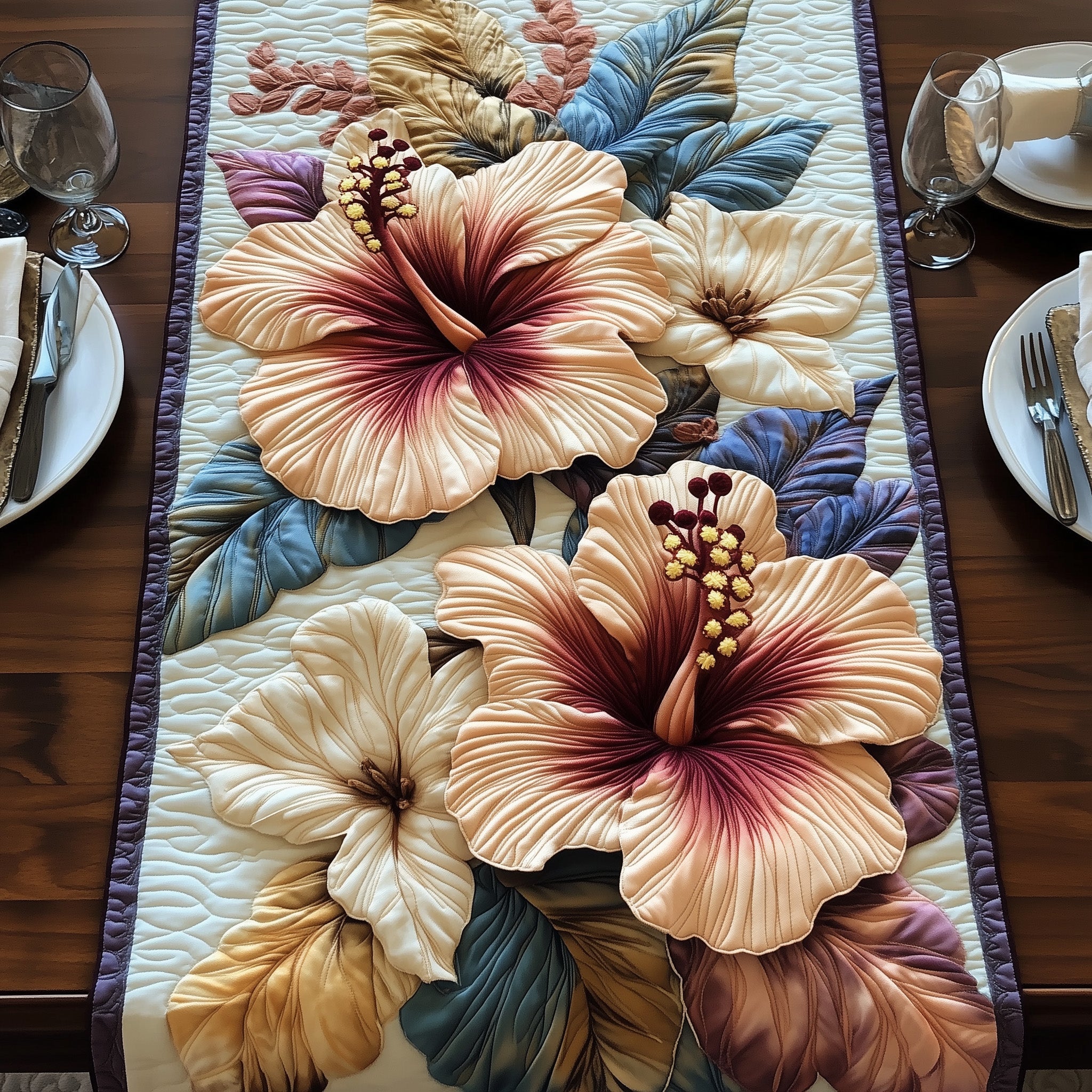 Elegance Hibiscus Bloom Quilted Table Runner Holiday Dinner Table Runner