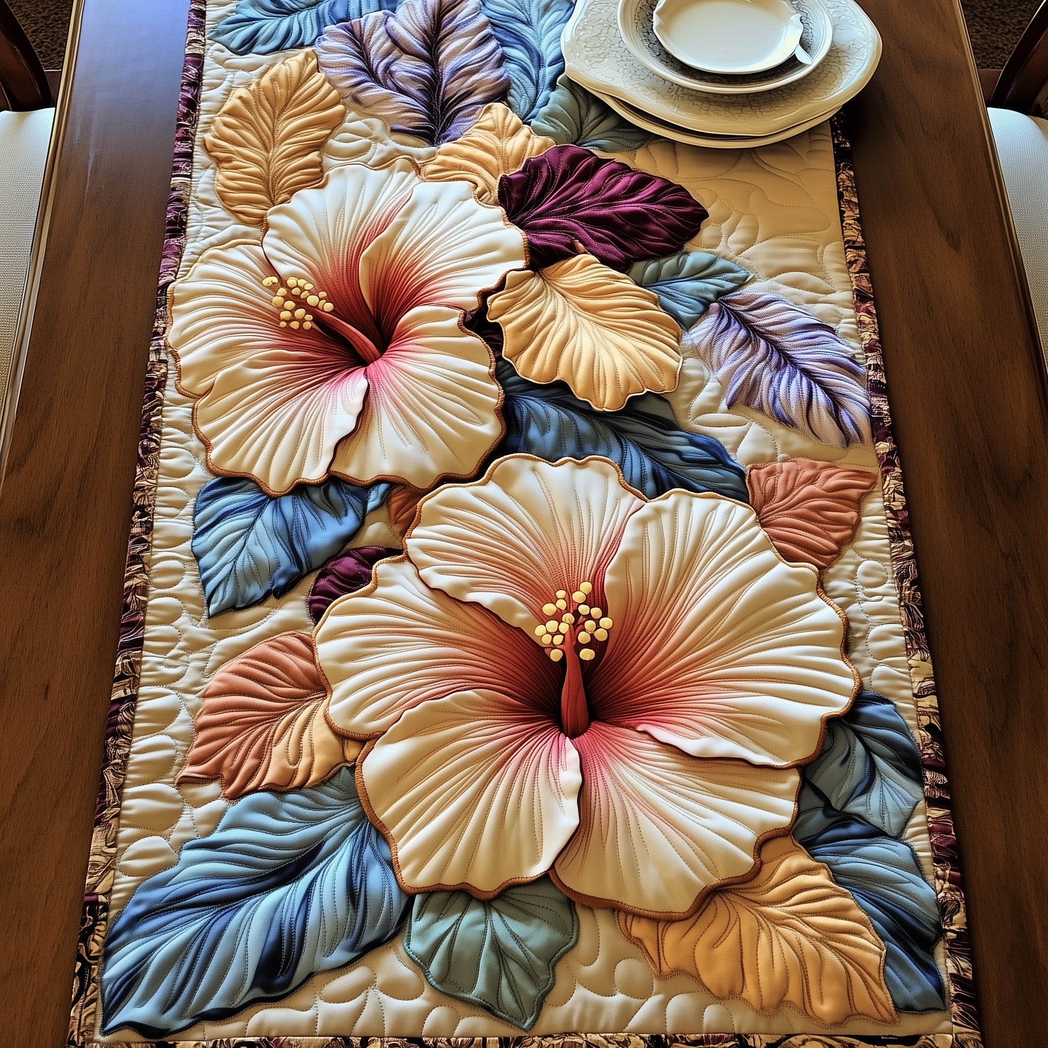 Elegance Hibiscus Bloom Quilted Table Runner Winter Table Runner