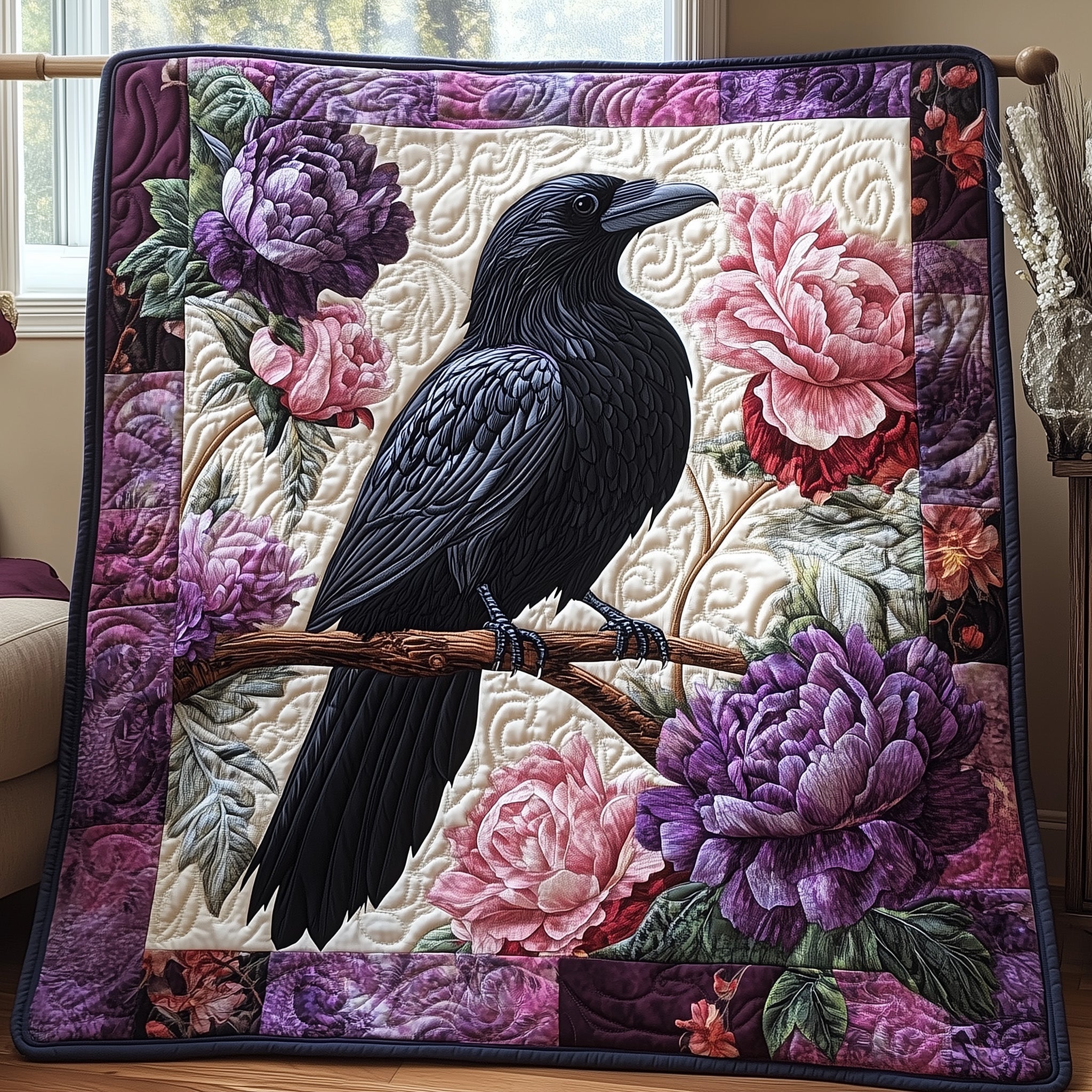 Elegance in Shadows Quilted Blanket Couch Throw BlanketCrow Themed Gifts