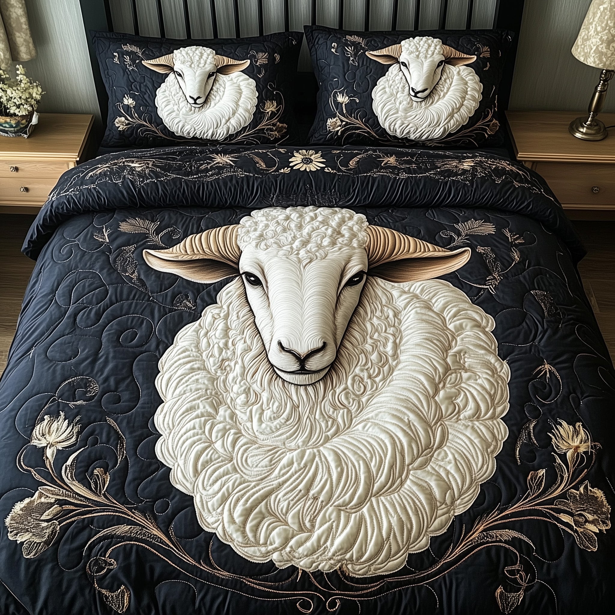Elegance Sheep Quilted Bedding Set Duvet Cover Bed Sheet Sheep Presents Christmas