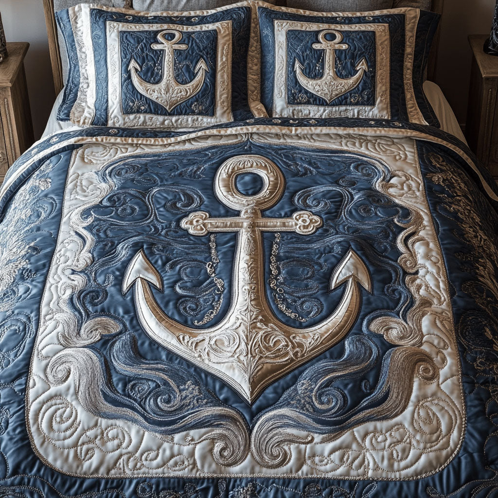 Elegant Anchor Quilted Bedding Set Luxury Comforter Gift Set for Him or Her