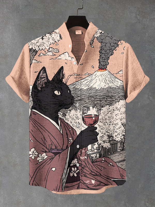 Elegant Black Cat Drinking Red Wine Art Print Hawaiian Shirt Gifts For Cat Lovers