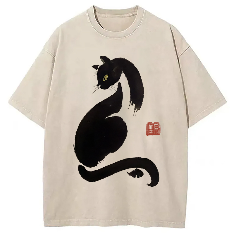 Elegant Black Cat Japan Washed T-Shirt Classic Graphic Fashion Tee Gifts For Best Friend Elegant Black Cat Japan Washed T-Shirt Classic Graphic Fashion Tee Gifts For Best Friend