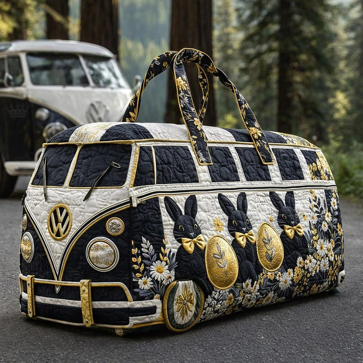 Elegant Black Gold Easter Bunny VW Bus Quilted Duffle Bag Spring Travel Bag Gift For Easter