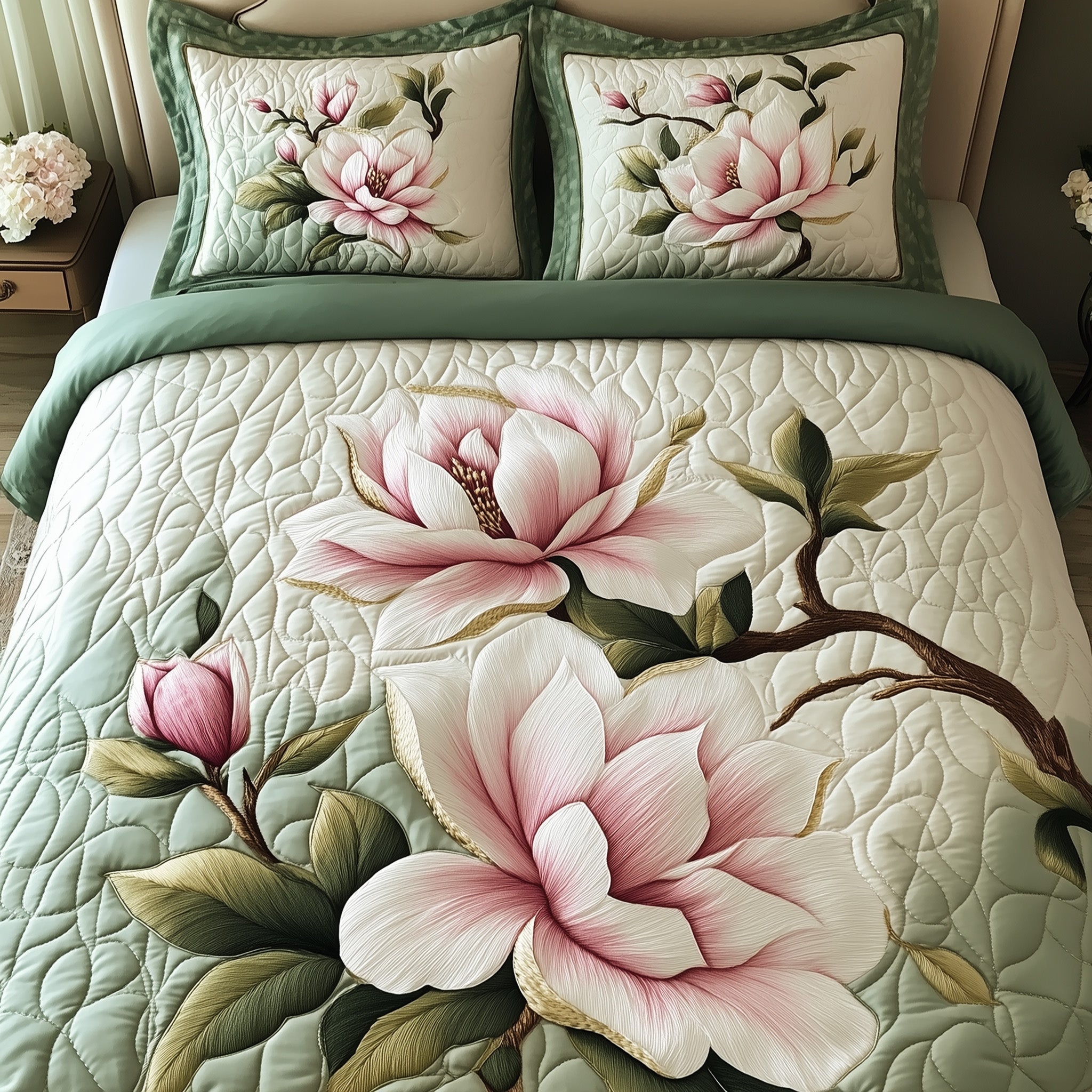 Elegant Blooming Magnolia Quilted Bedding Set Duvet Cover Bed Sheet Christmas Secret Santa Gifts