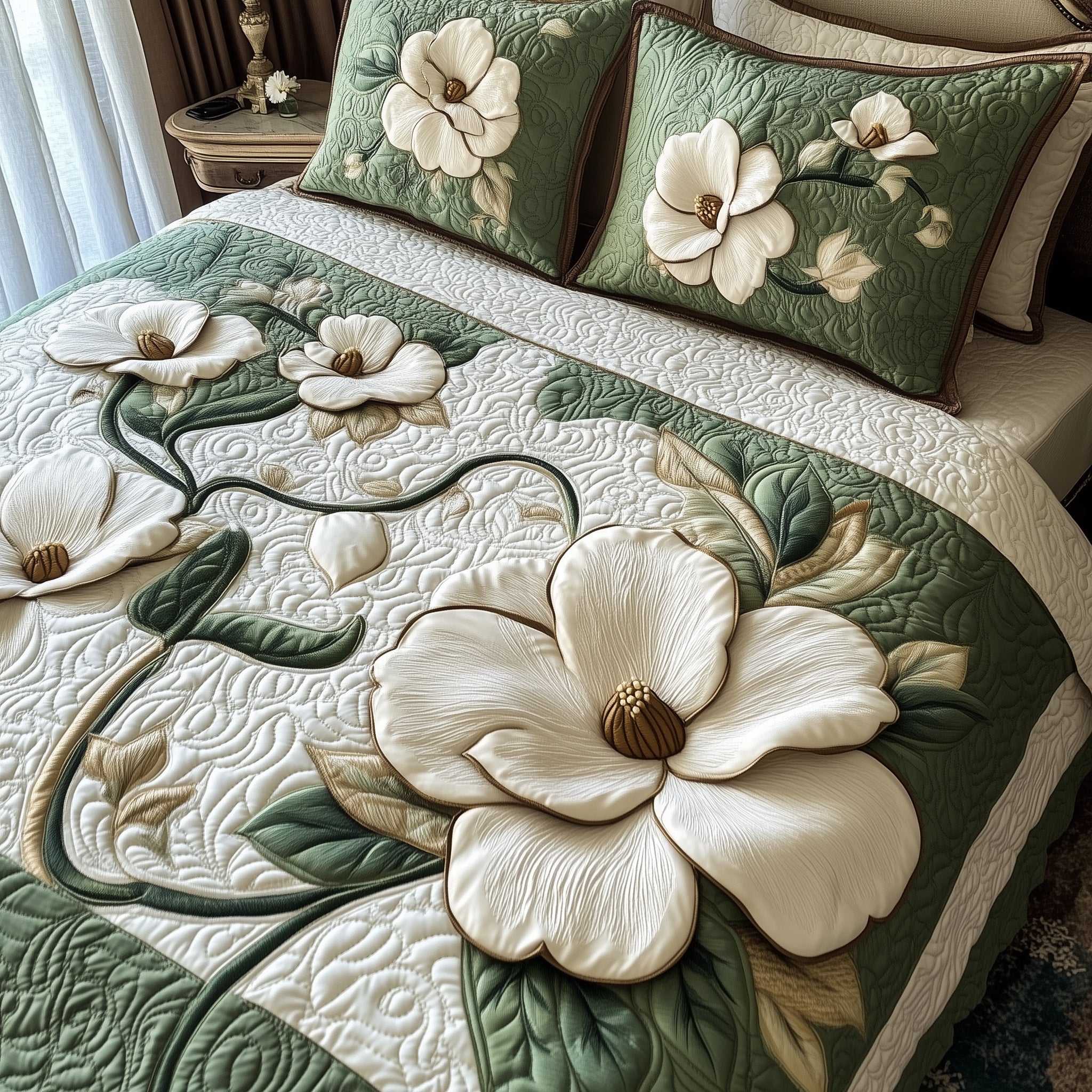 Elegant Blooming Magnolia Quilted Bedding Set Duvet Cover Bed Sheet Christmas Secret Santa Ideas