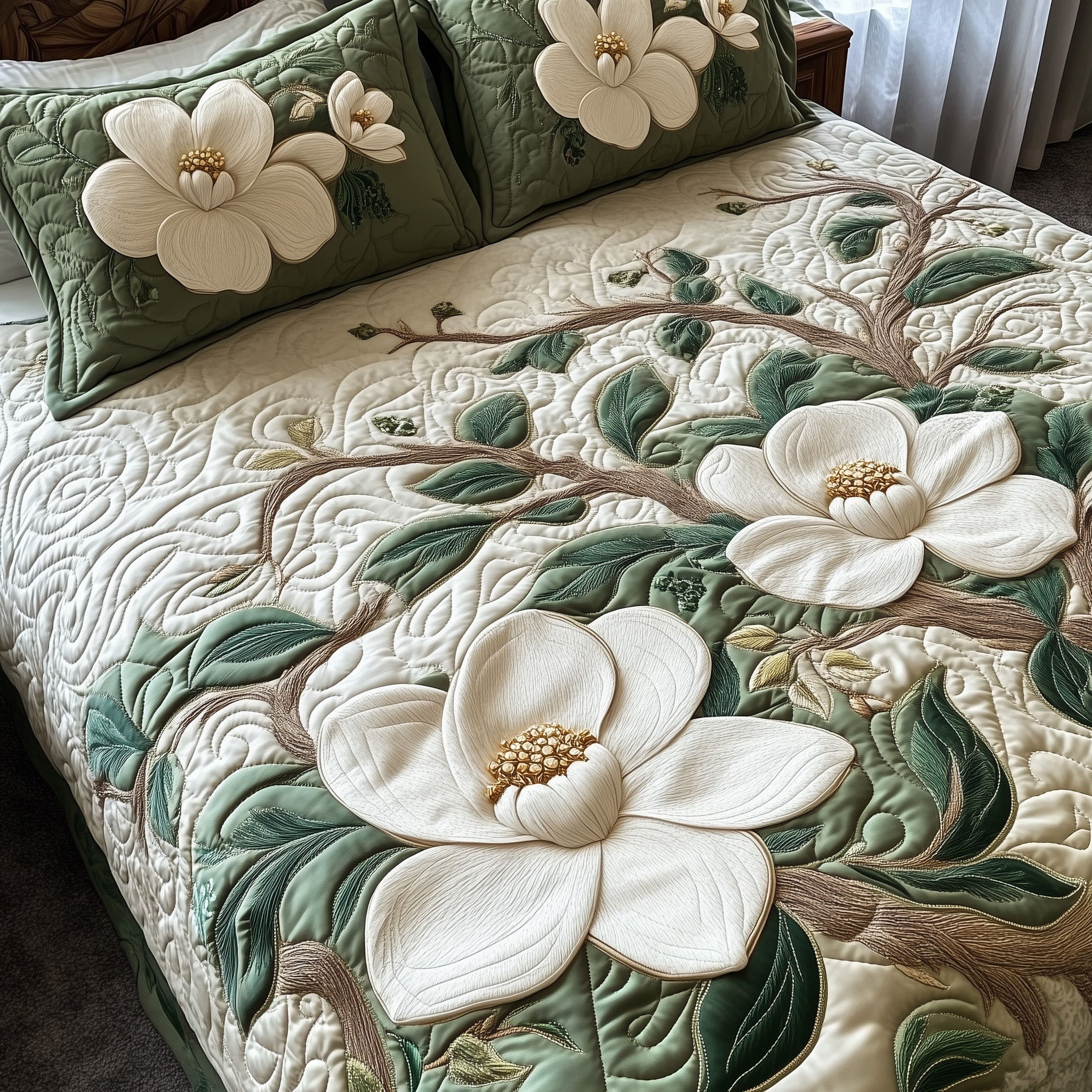 Elegant Blooming Magnolia Quilted Bedding Set Duvet Cover Bed Sheet Gift Ideas For Secret Santa For Her