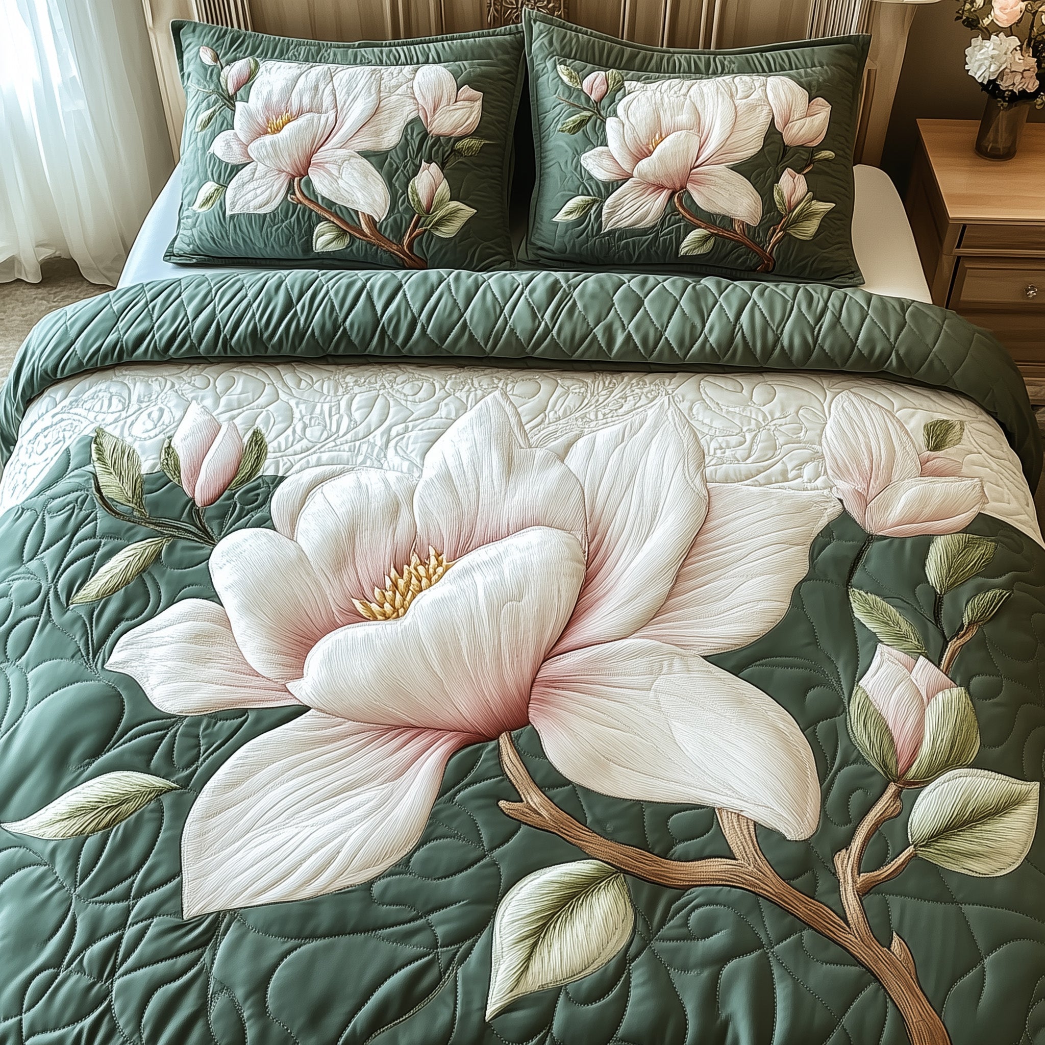 Elegant Blooming Magnolia Quilted Bedding Set Duvet Cover Bed Sheet Ideas For Santa Gifts