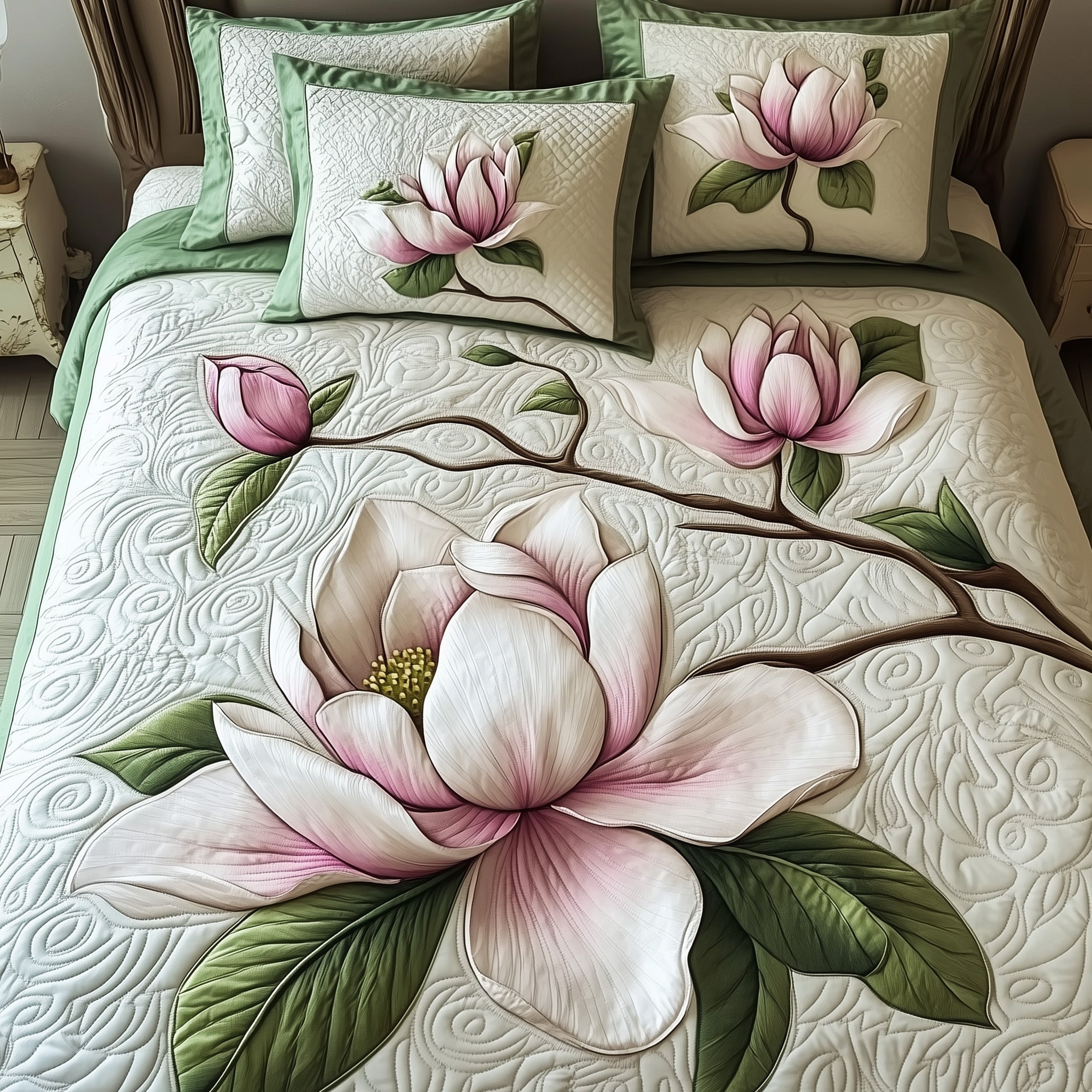 Elegant Blooming Magnolia Quilted Bedding Set Duvet Cover Bed Sheet Office Secret Santa Gifts