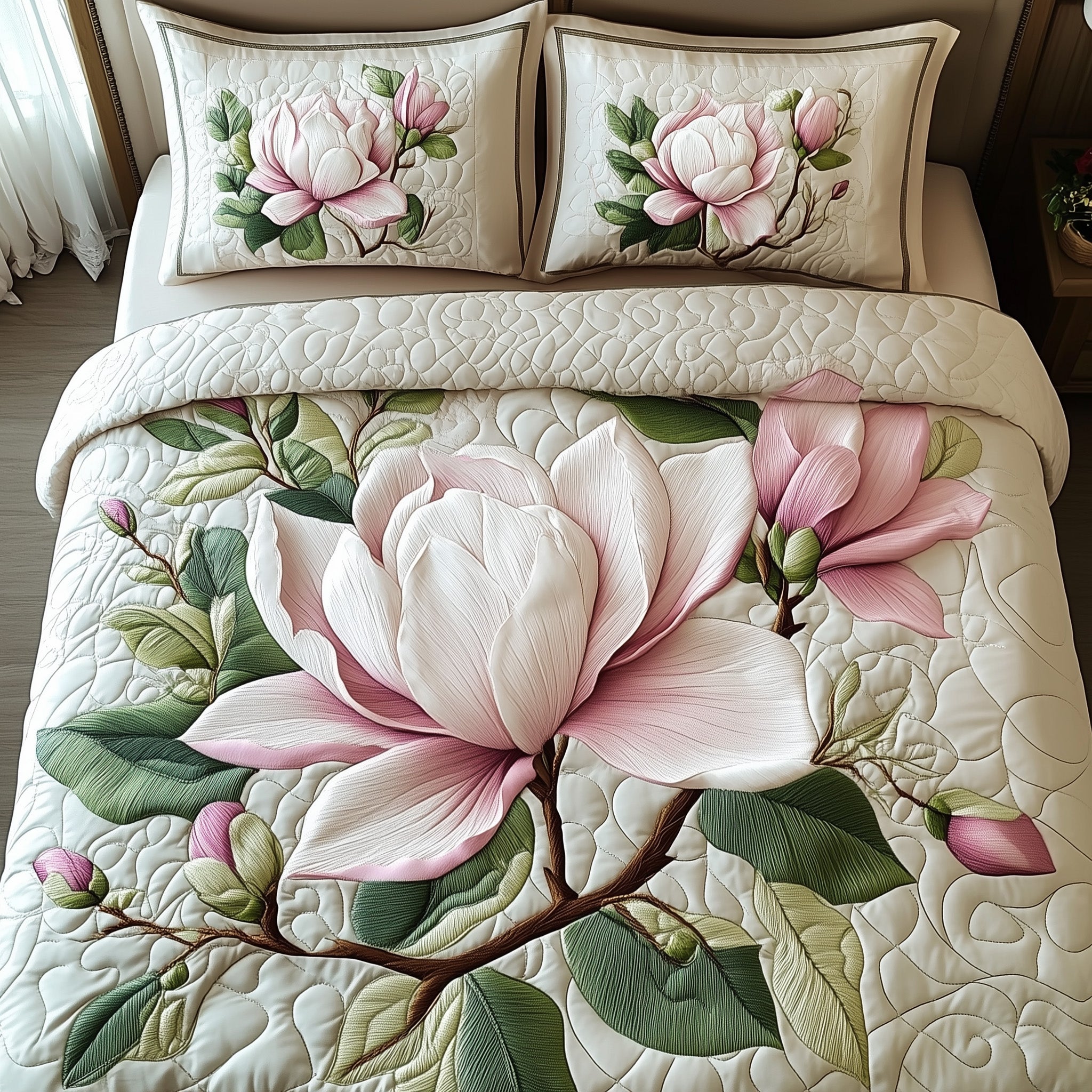 Elegant Blooming Magnolia Quilted Bedding Set Duvet Cover Bed Sheet Office Secret Santa Ideas