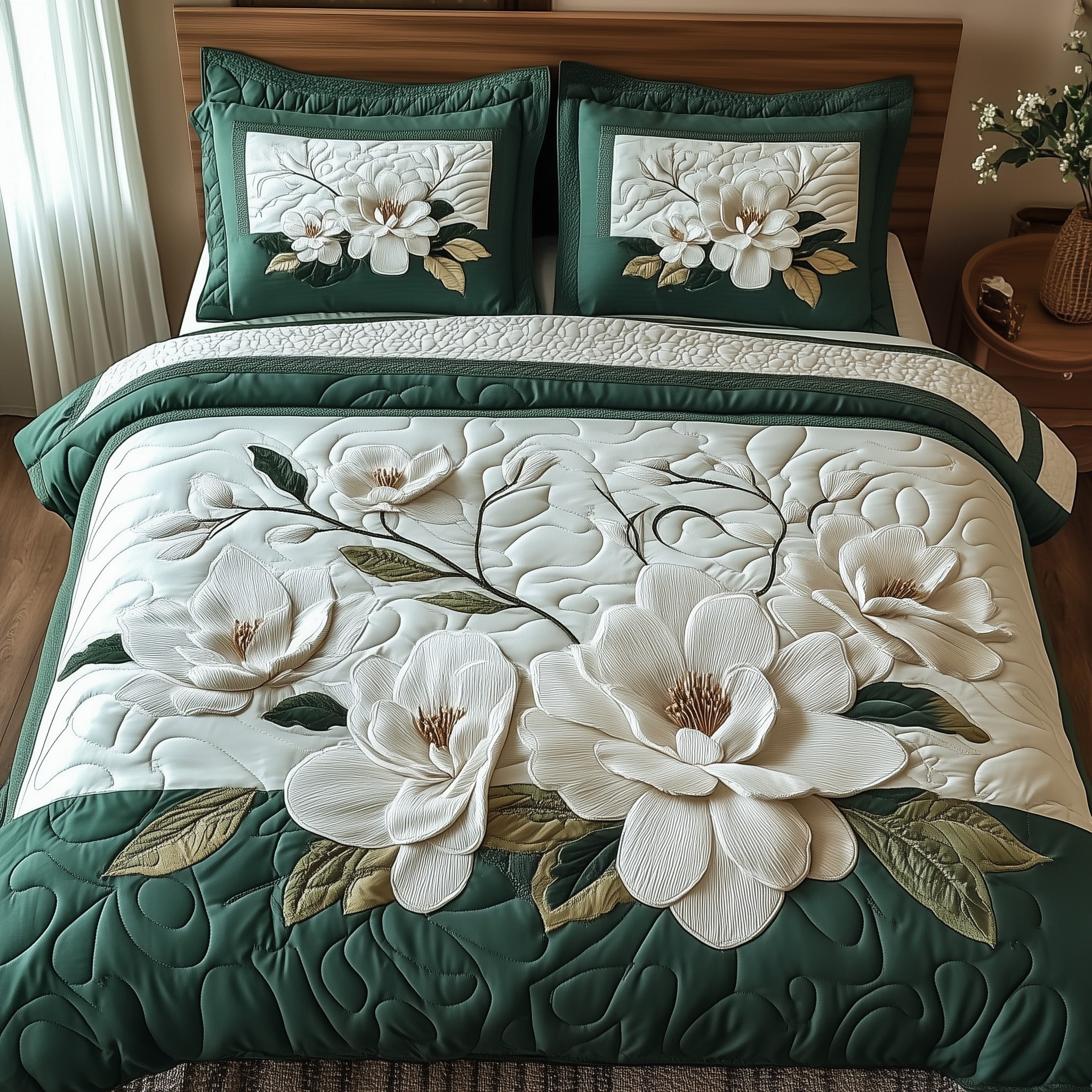 Elegant Blooming Magnolia Quilted Bedding Set Duvet Cover Bed Sheet Secret Santa Gift Ideas For Female