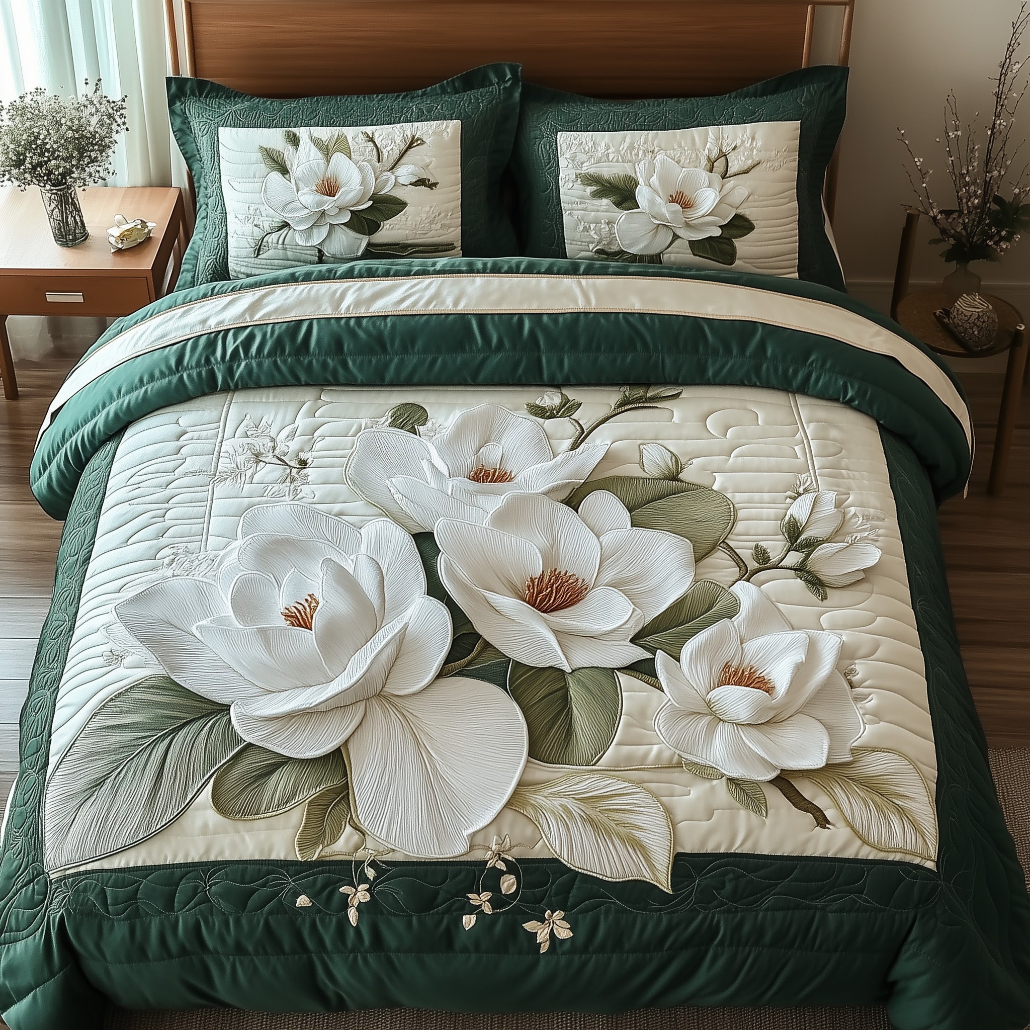 Elegant Blooming Magnolia Quilted Bedding Set Duvet Cover Bed Sheet Secret Santa Gifts For A Woman