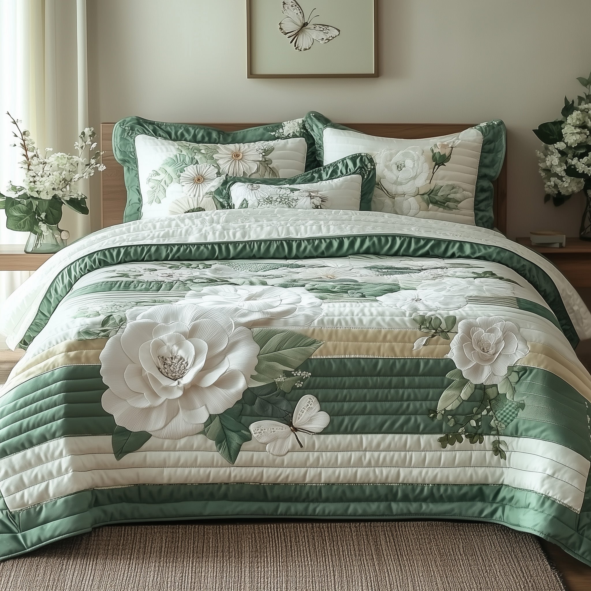 Elegant Blooming Spring Quilted Bedding Set Duvet Cover Bed Sheet Good Secret Santa Gift Ideas