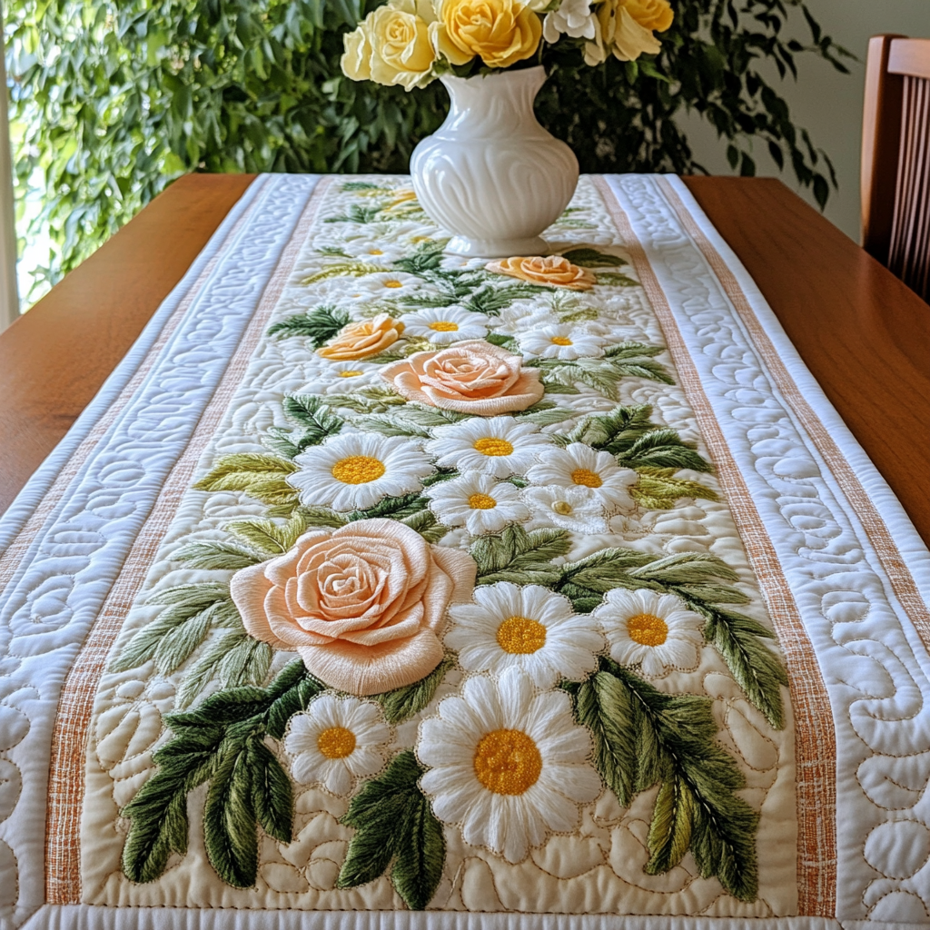Elegant Blooms Quilted Table Runner Floral Table Cover Flower Daisy Gifts For Her