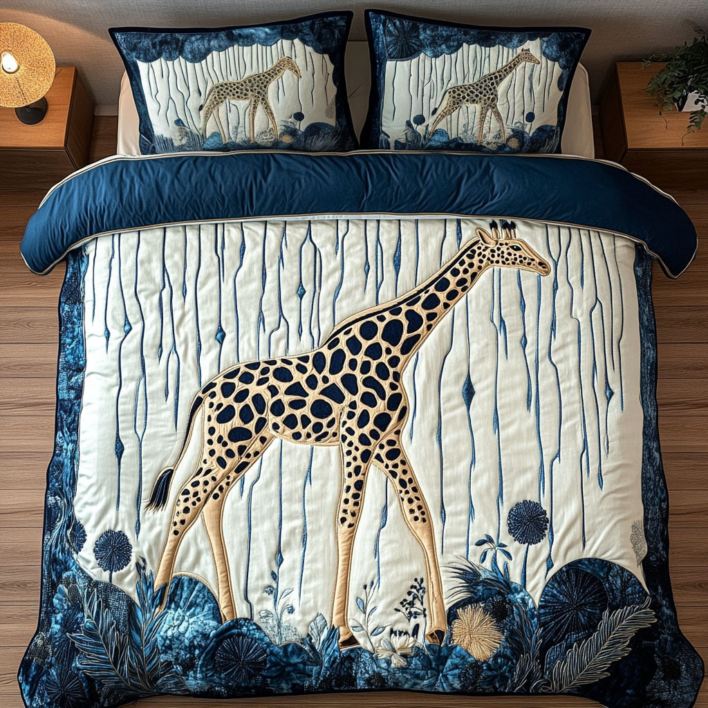 Elegant Blue Giraffe Quilted Bedding Set Lightweight Duvet Cover Set for Year-Round Comfort