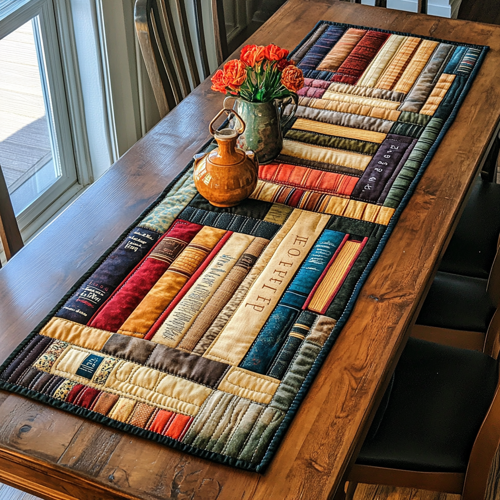Elegant Bookshelf Quilted Table Runner Dining Room Table Decor Gifts For Readers