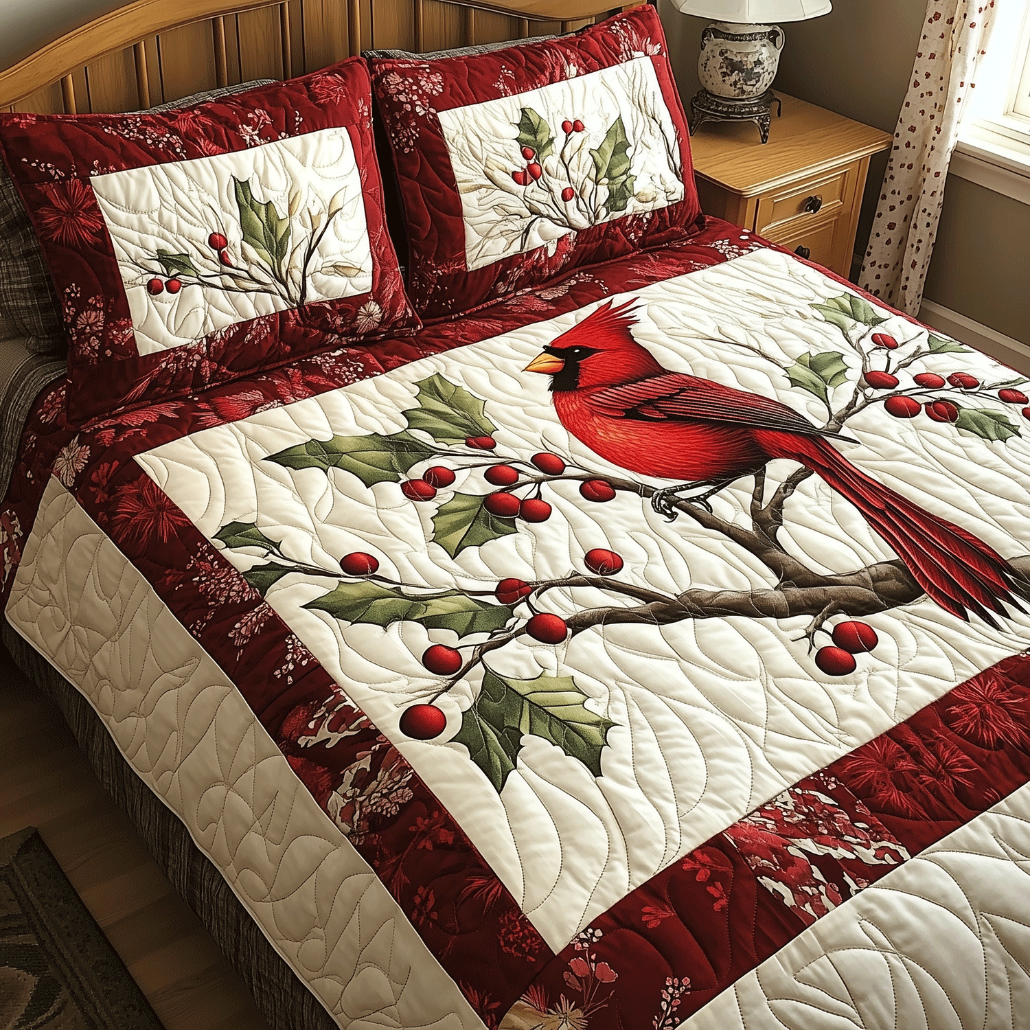 Elegant Cardinal Quilted Bedding Set King Comforter Sets Romantic Anniversary Gifts for Parents