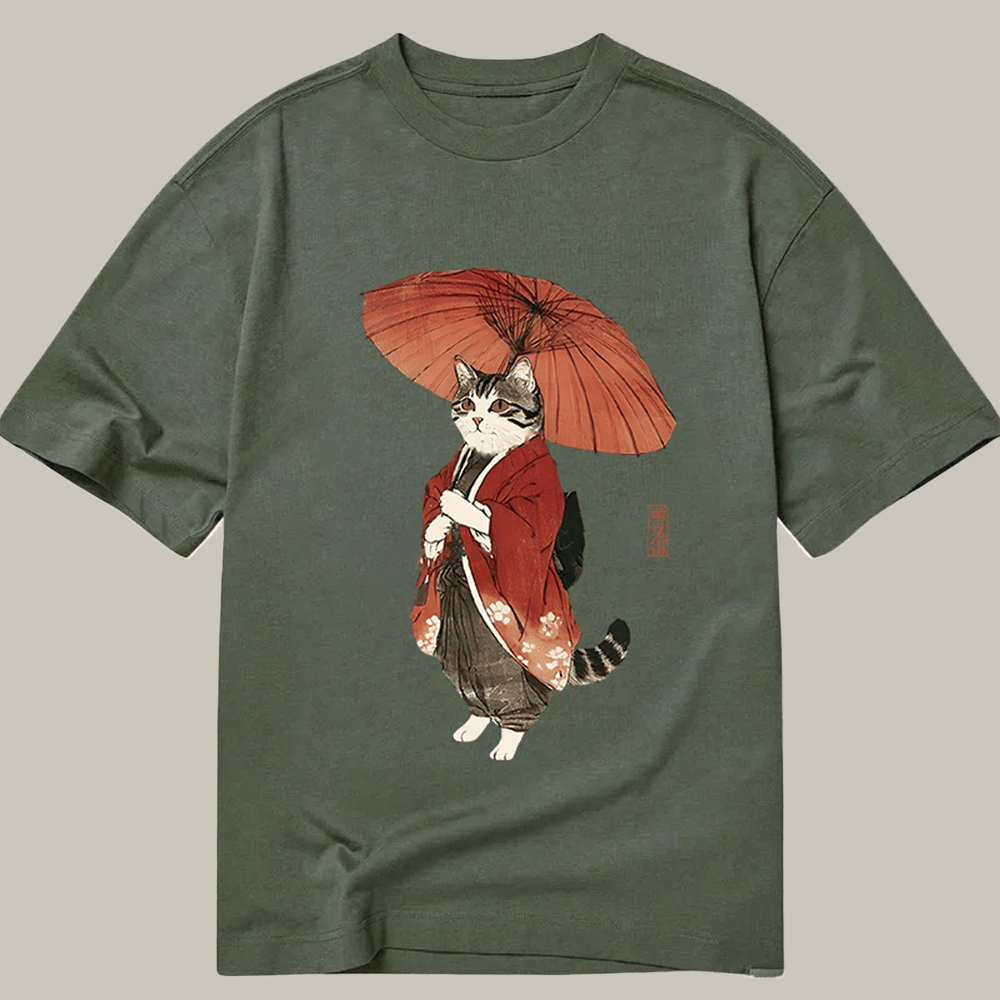 Elegant Cat Holding Umbrella Classic T-Shirt Japanese Art Tee Gifts For Cat Owners