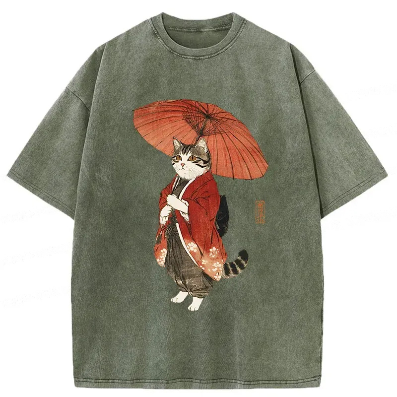 Elegant Cat Holding Umbrella Washed T-Shirt Casual Oversized Outfit Style Gifts For Her
