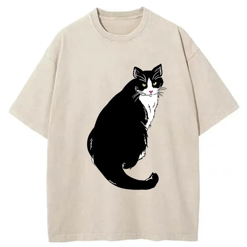 Elegant Cat Washed T-Shirt Casual Vintage Everyday Look Gifts For Besties