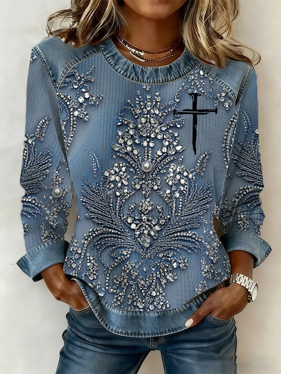 Elegant Cross Waffle Long Sleeve Shirt Floral Cross Shirt Faith Apparel Gift For Wife