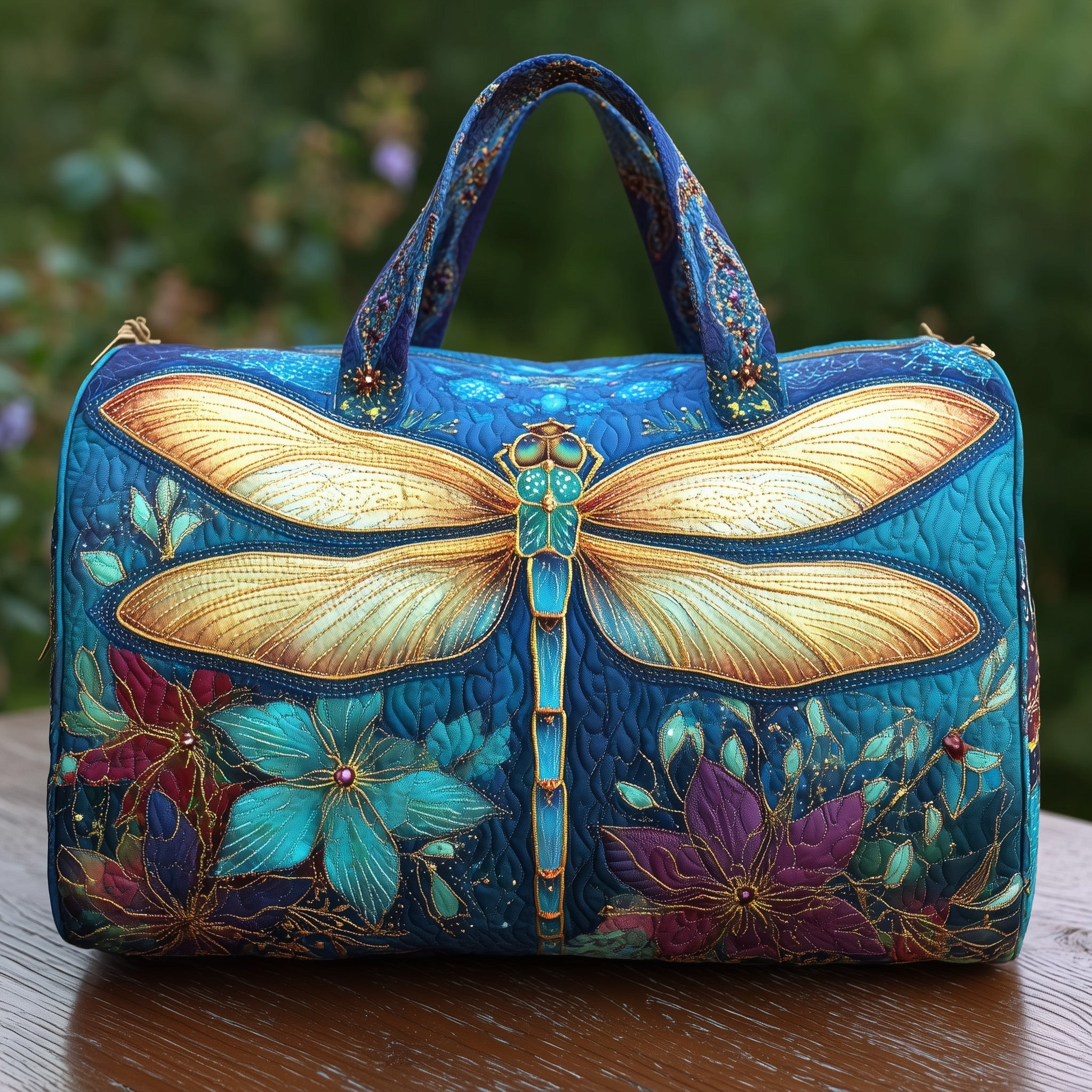 Elegant Dragonfly Art Quilted Duffle Bag Floral Travel Bags For Women Best Gift For Dragonfly Lovers