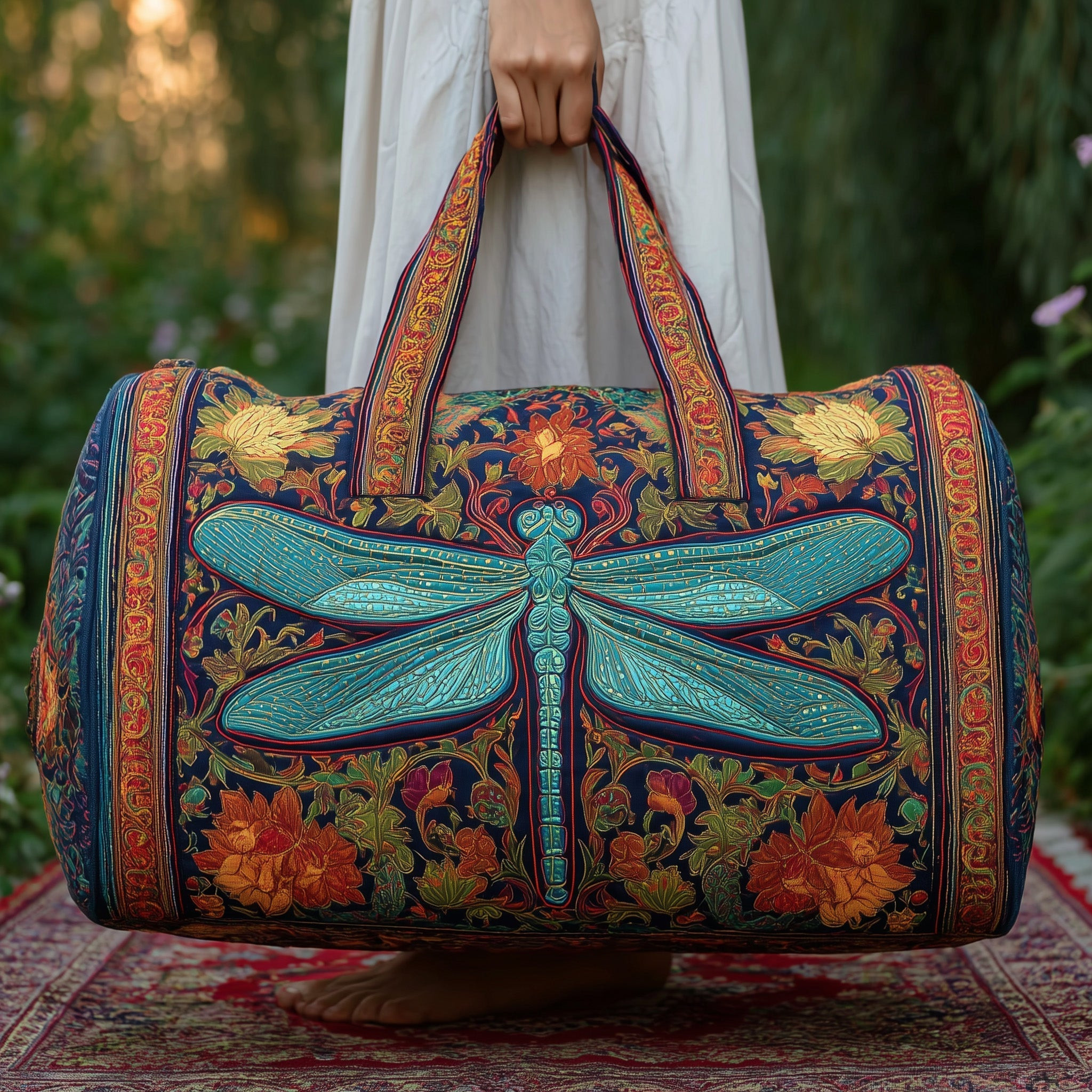 Elegant Dragonfly Art Quilted Duffle Bag Floral Travel Bags For Women Best Gift For Her