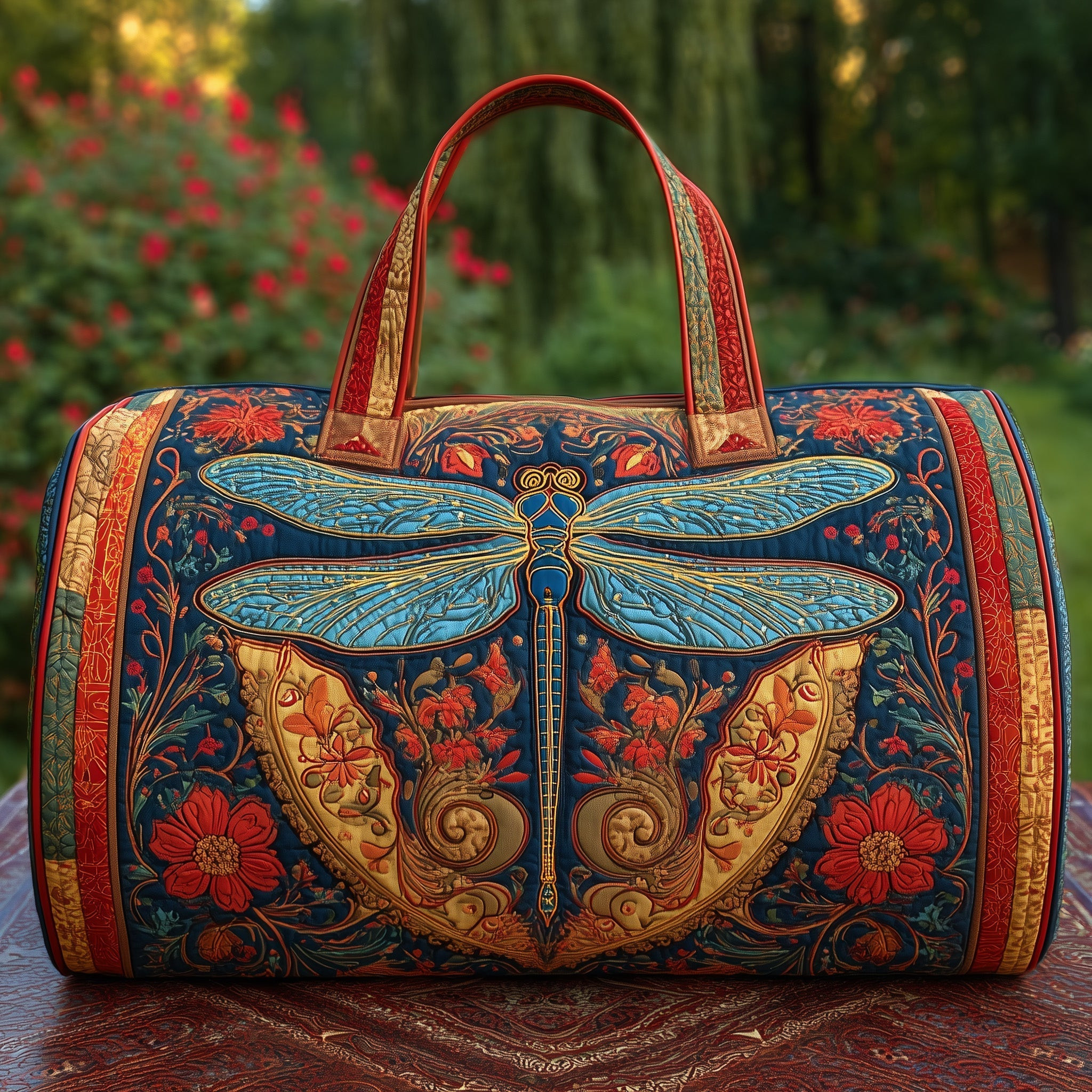 Elegant Dragonfly Art Quilted Duffle Bag Floral Travel Bags For Women Best Gift For Mom