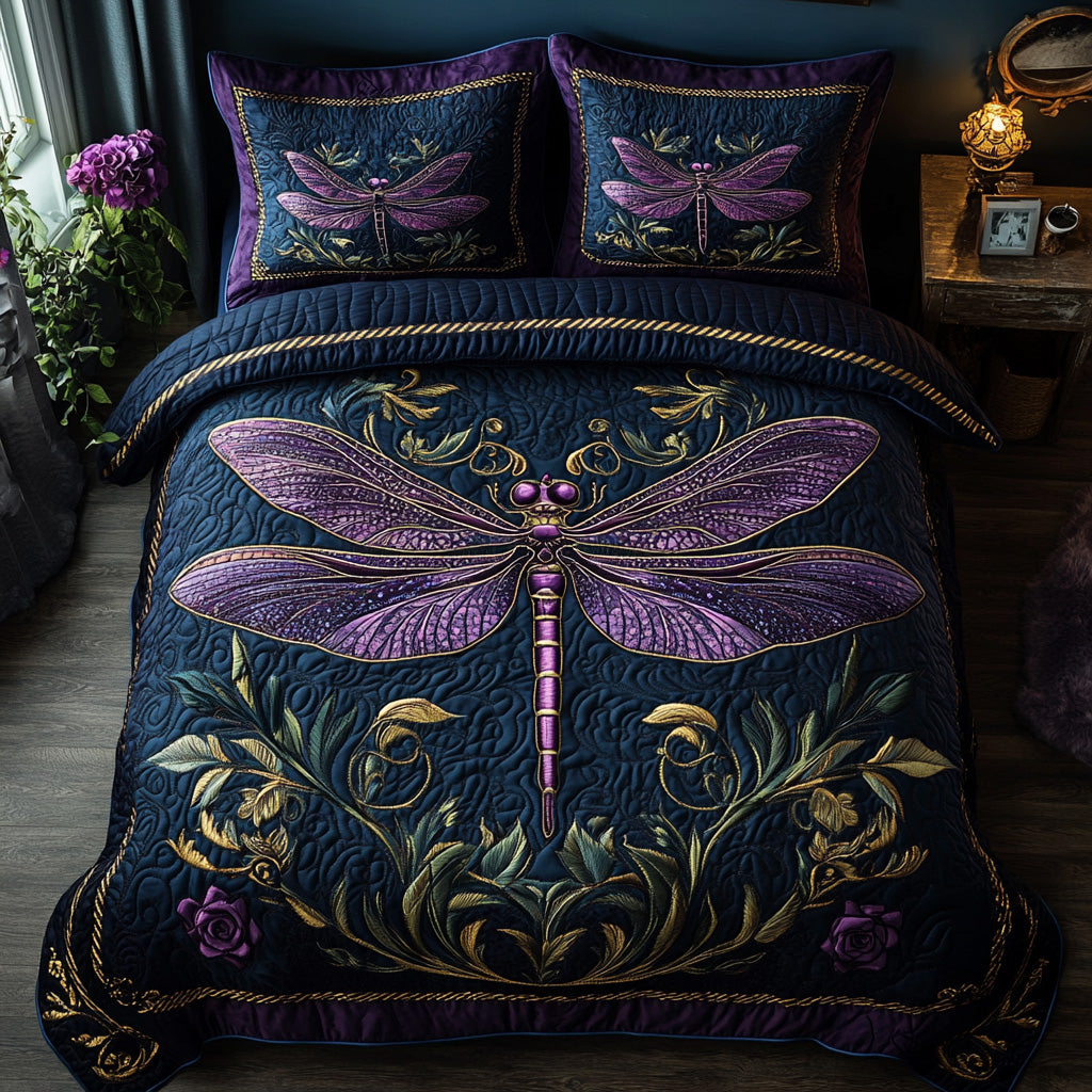 Elegant Dragonfly Quilted Bedding Set Best Bed Sheet Set Dragonfly Gift For Adults