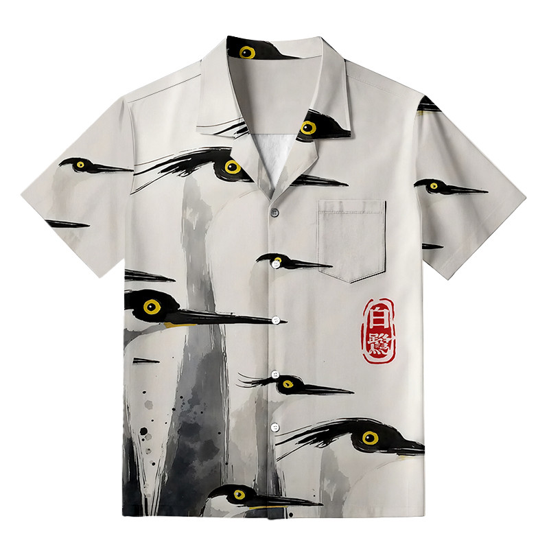 Elegant Egret Aloha Button Up Shirt Animal Themed Vintage Style Shirt Egret Lover Gifts