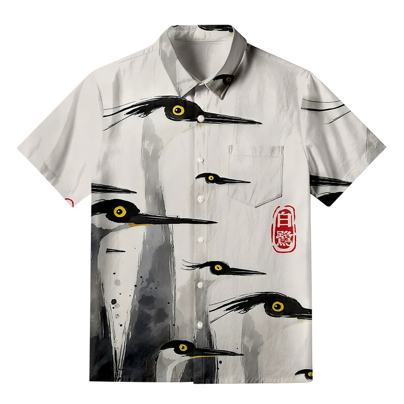 Elegant Egret Aloha Button Up Shirt Animal Themed Vintage Style Shirt Gifts For Egret Lovers