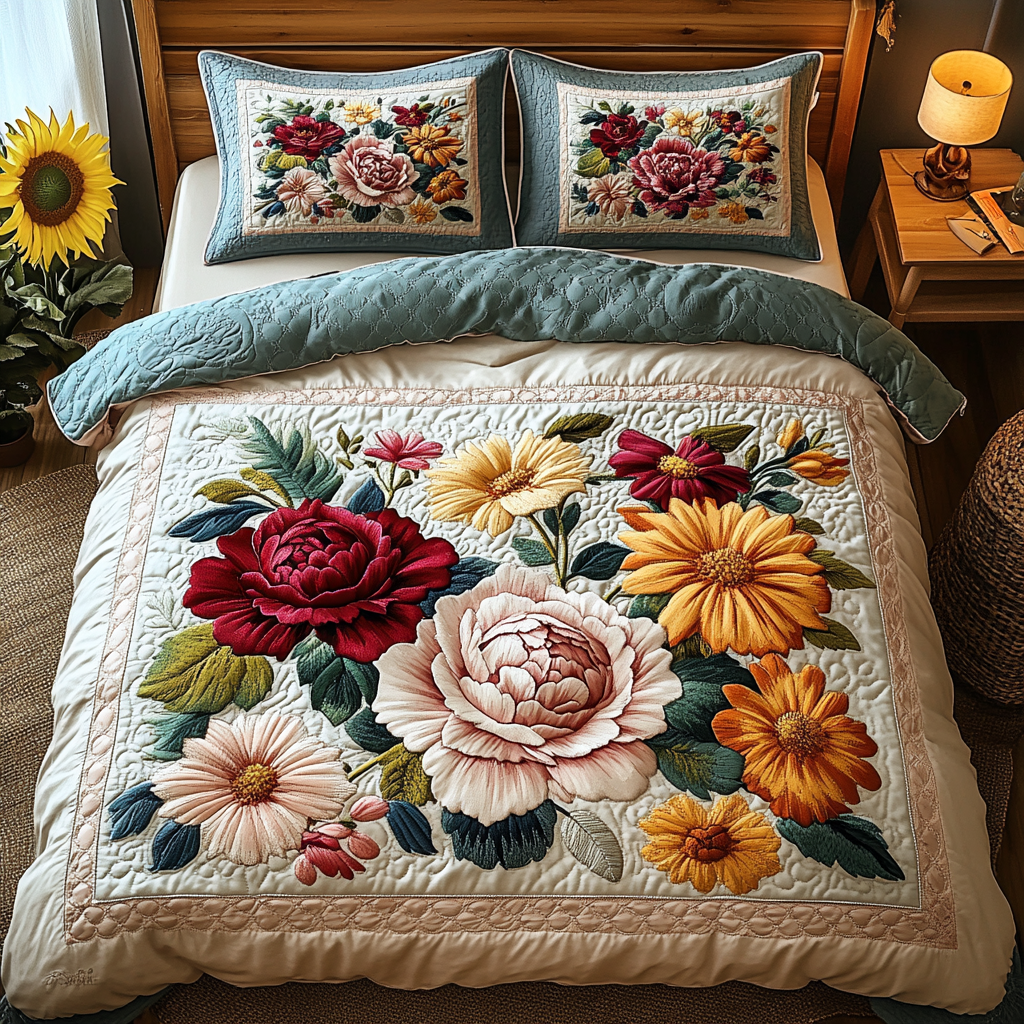 Elegant Floral Garden Quilted Bedding Set Christmas Duvet Sets Gifts For Flower Enthusiasts