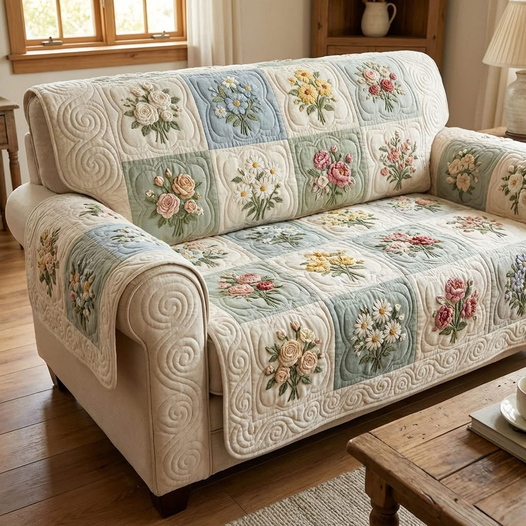 Elegant Floral Quilted Sofa Cover Vintage Rose Furniture Protector Best Gift For Flower Lovers