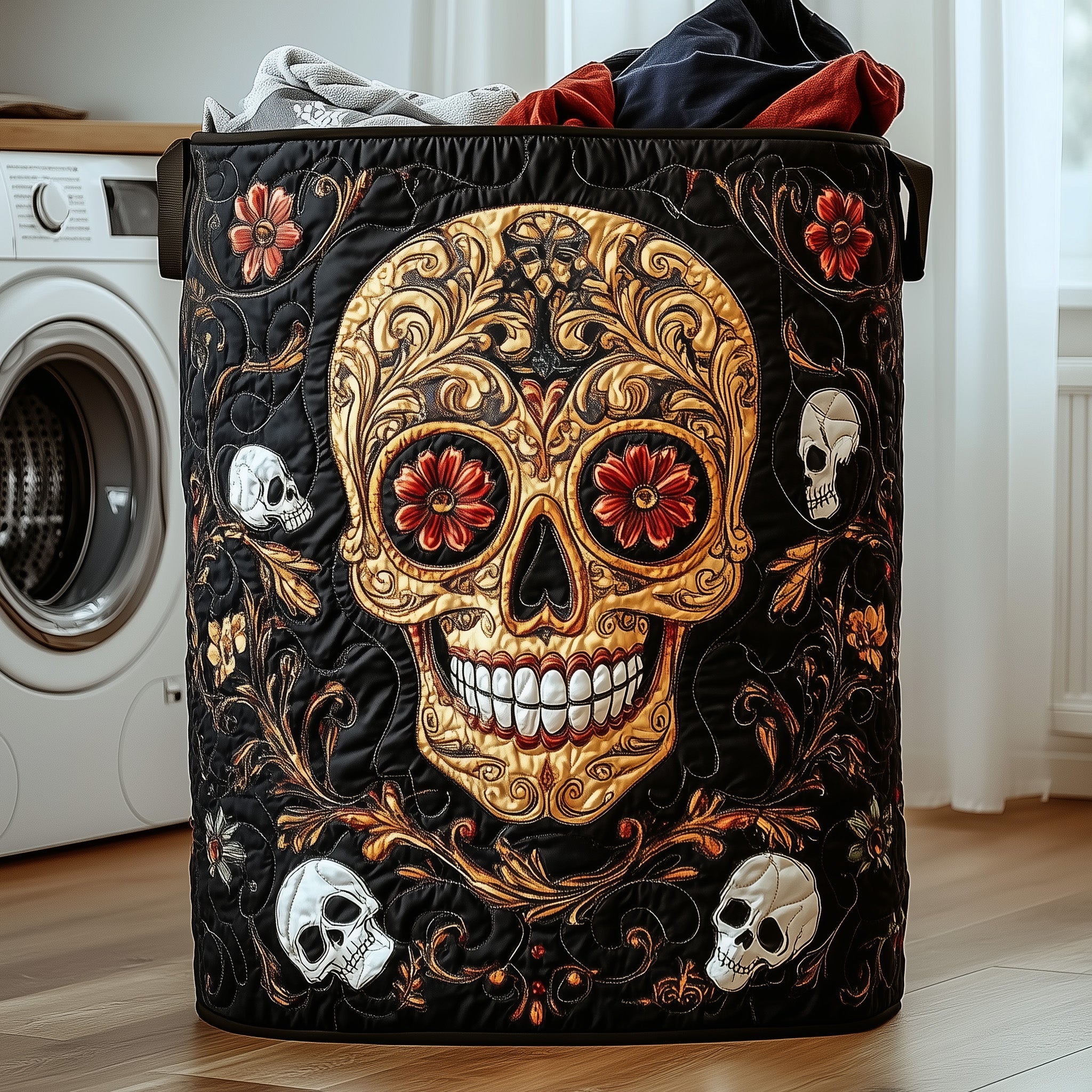Elegant Golden Skull Quilted Laundry Basket Cool Spooky Gift for Horror Fans