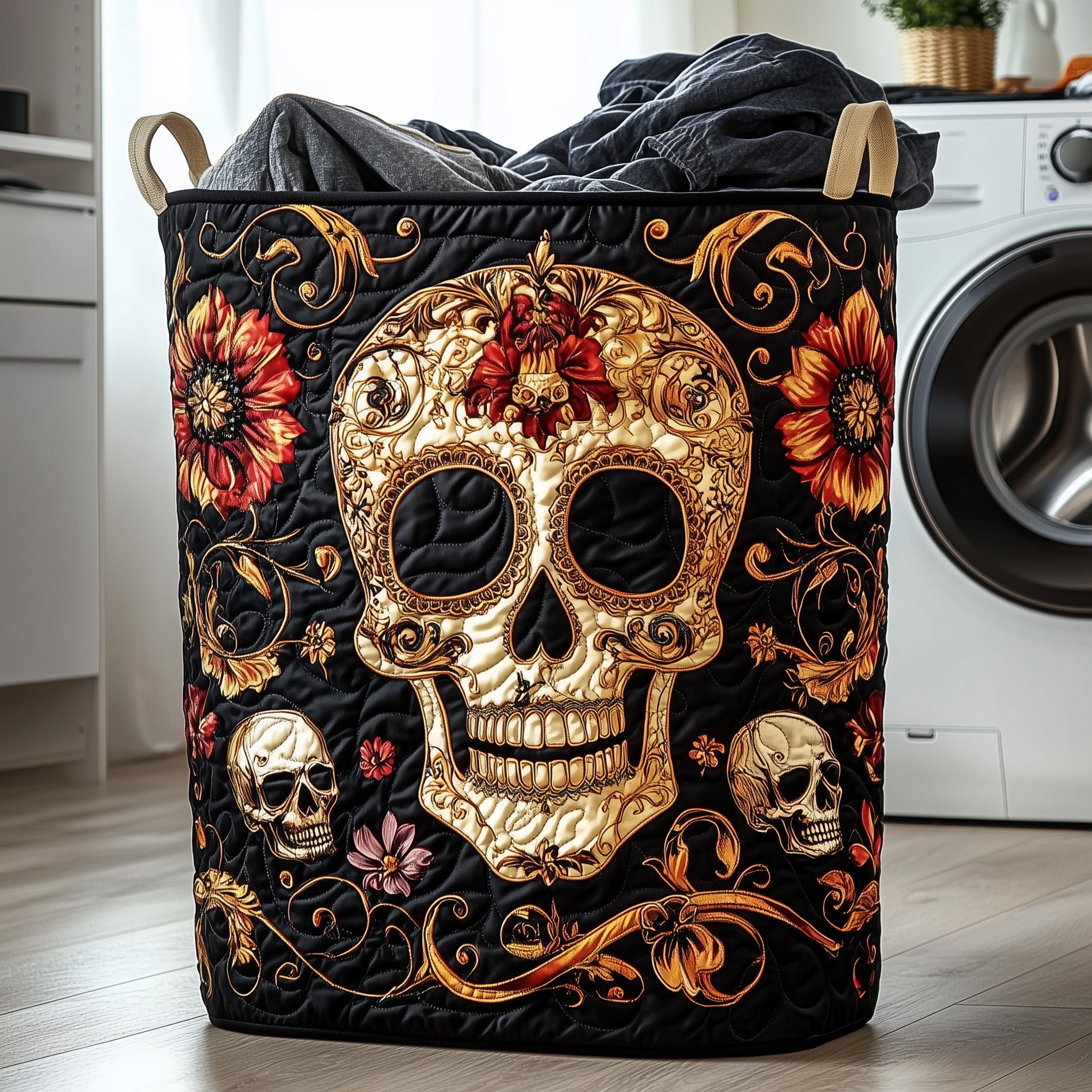 Elegant Golden Skull Quilted Laundry Basket Haunted Spooky Gift For Horror Fans