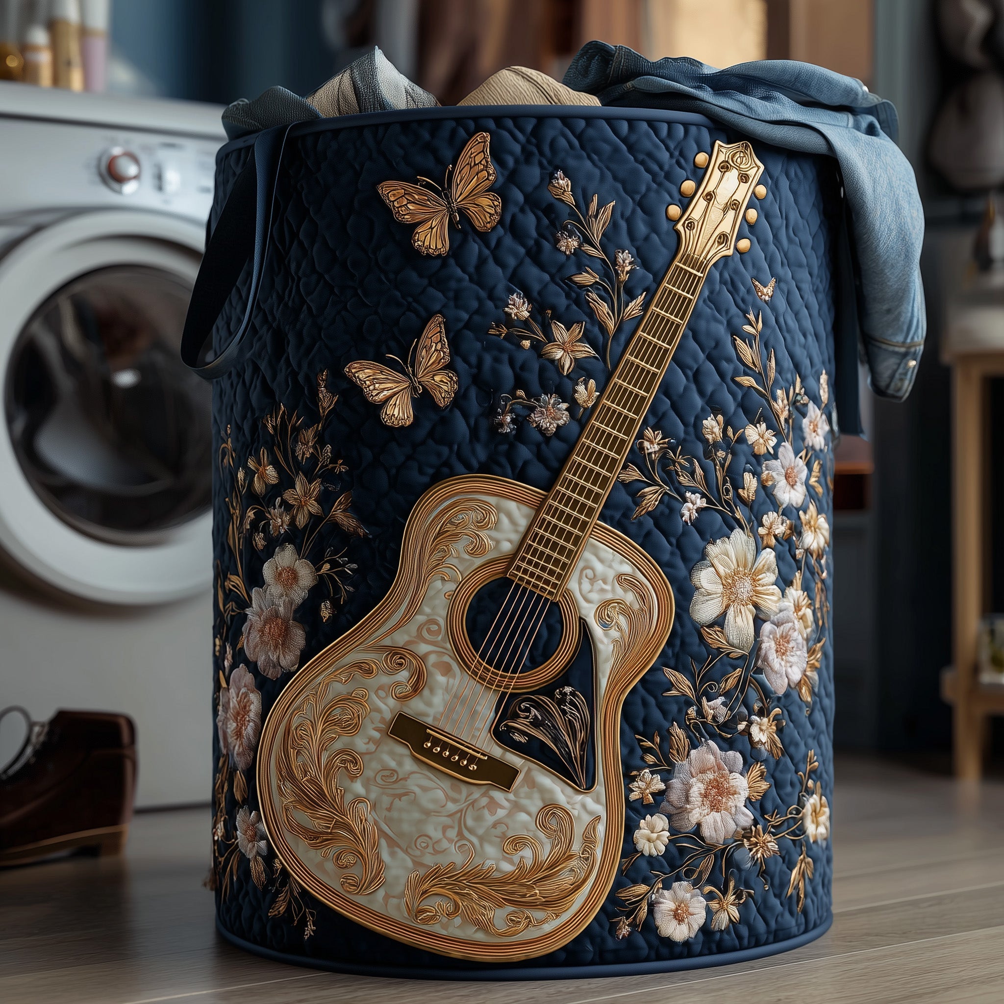 Elegant Guitar Quilted Laundry Basket Gift For Music Lover