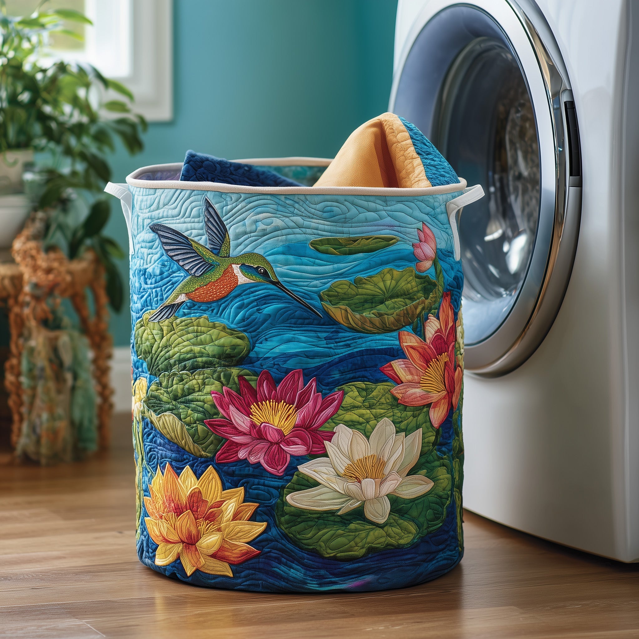 Elegant Hummingbird Quilted Laundry Basket Anniversary Merch Gift