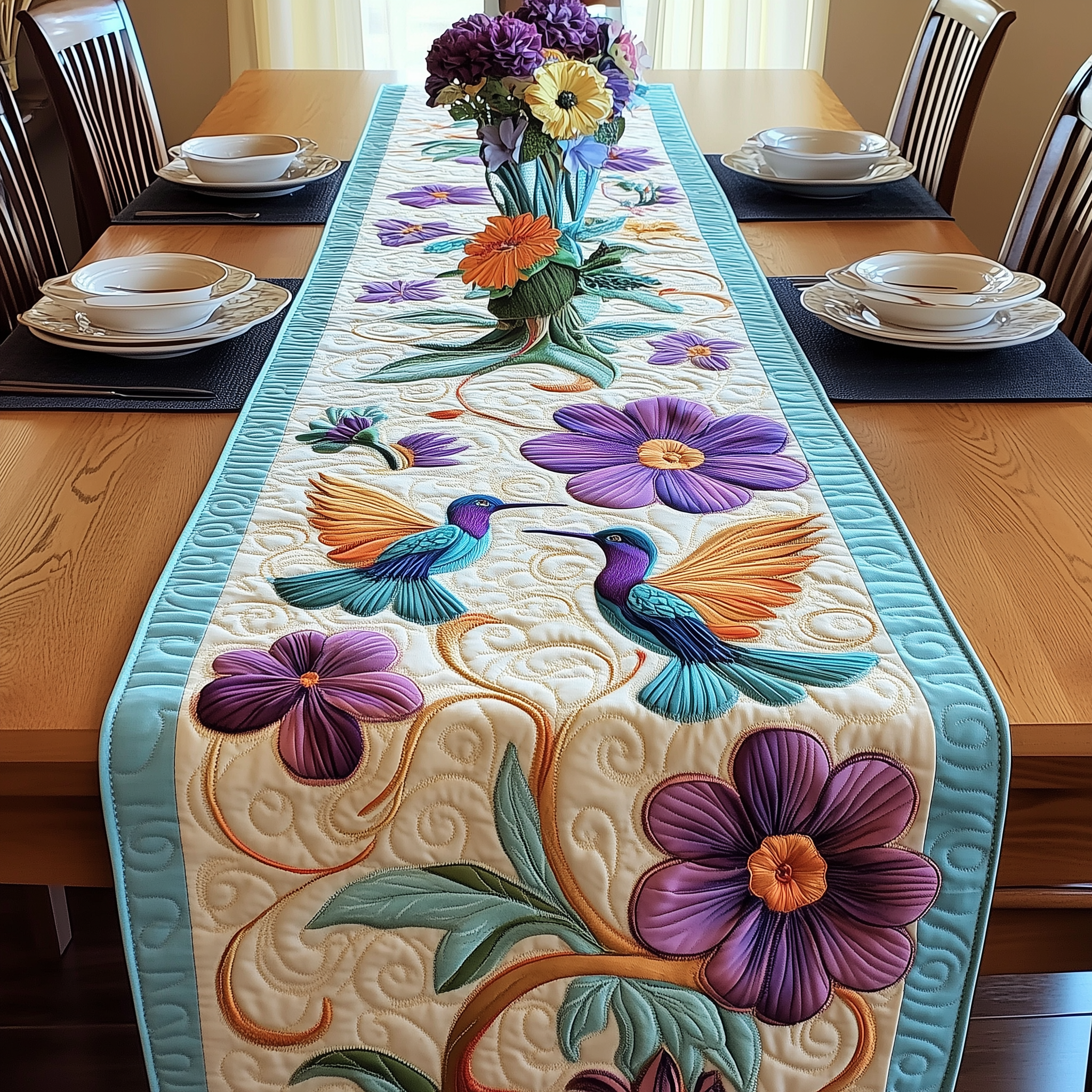 Elegant Hummingbird Quilted Table Runner  Decorations Holiday Dining Table Runner Hummingbird Gifts For Her