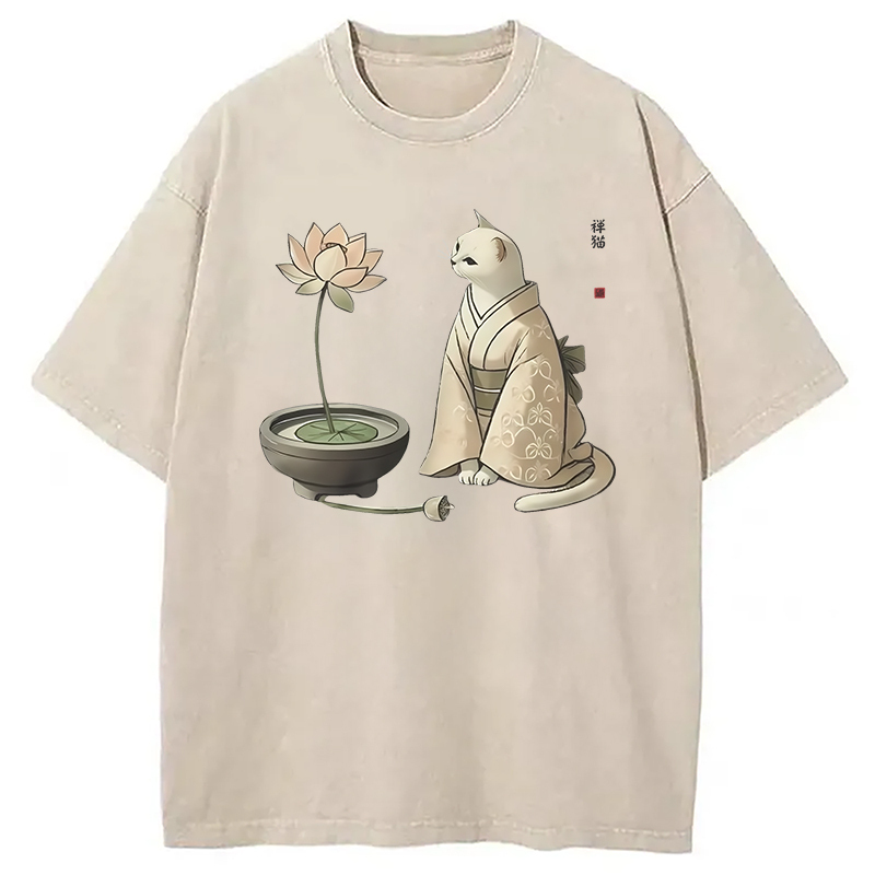 Elegant Japanese Cat Washed T-Shirt Funny Aesthetic Trendy Apparel Gifts For Besties Elegant Japanese Cat Washed T-Shirt Funny Aesthetic Trendy Apparel Gifts For Besties