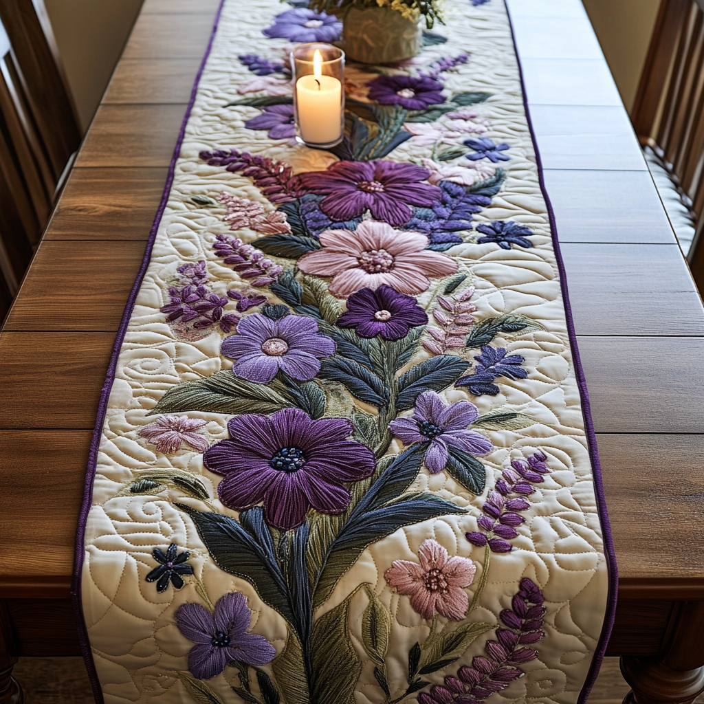 Elegant Lavender Quilted Table Runner Floral Table Cover Flower Lavender Presents