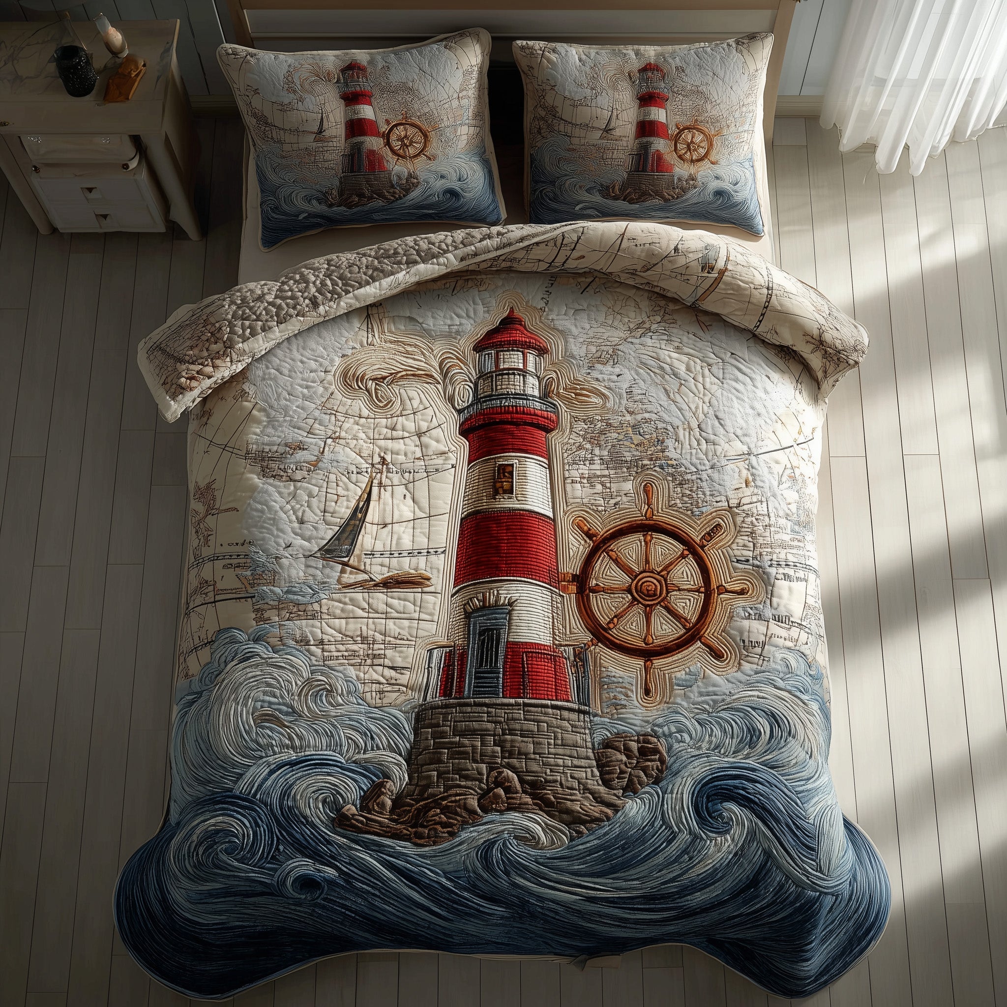 Elegant Lighthouse Quilted Bedding Set Nautical Decor Unique Lighthouse Decor Bedding Gifts