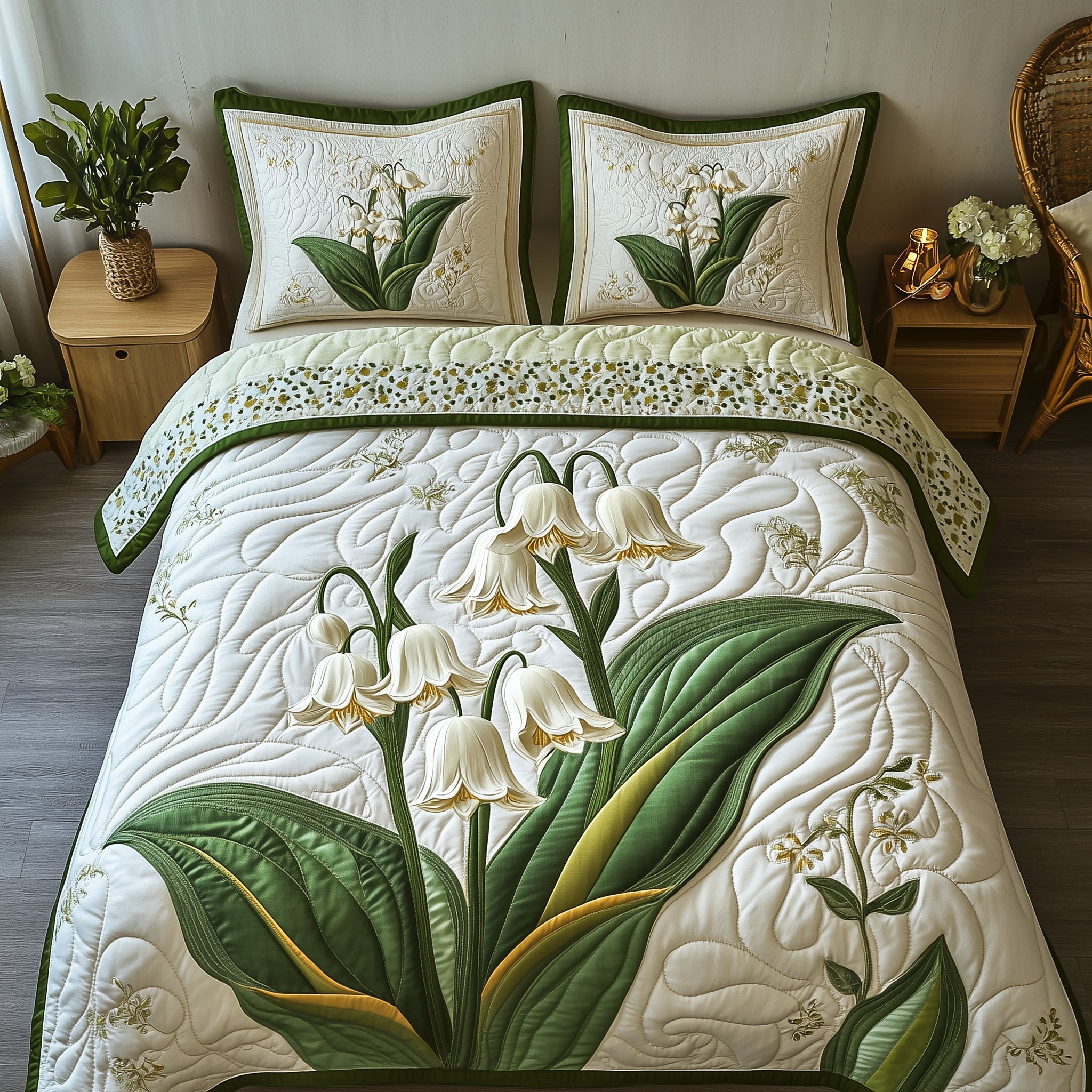 Elegant Lily of the Valley Quilted Bedding Set Duvet Cover Bedspread Christmas Presents For Boyfriend