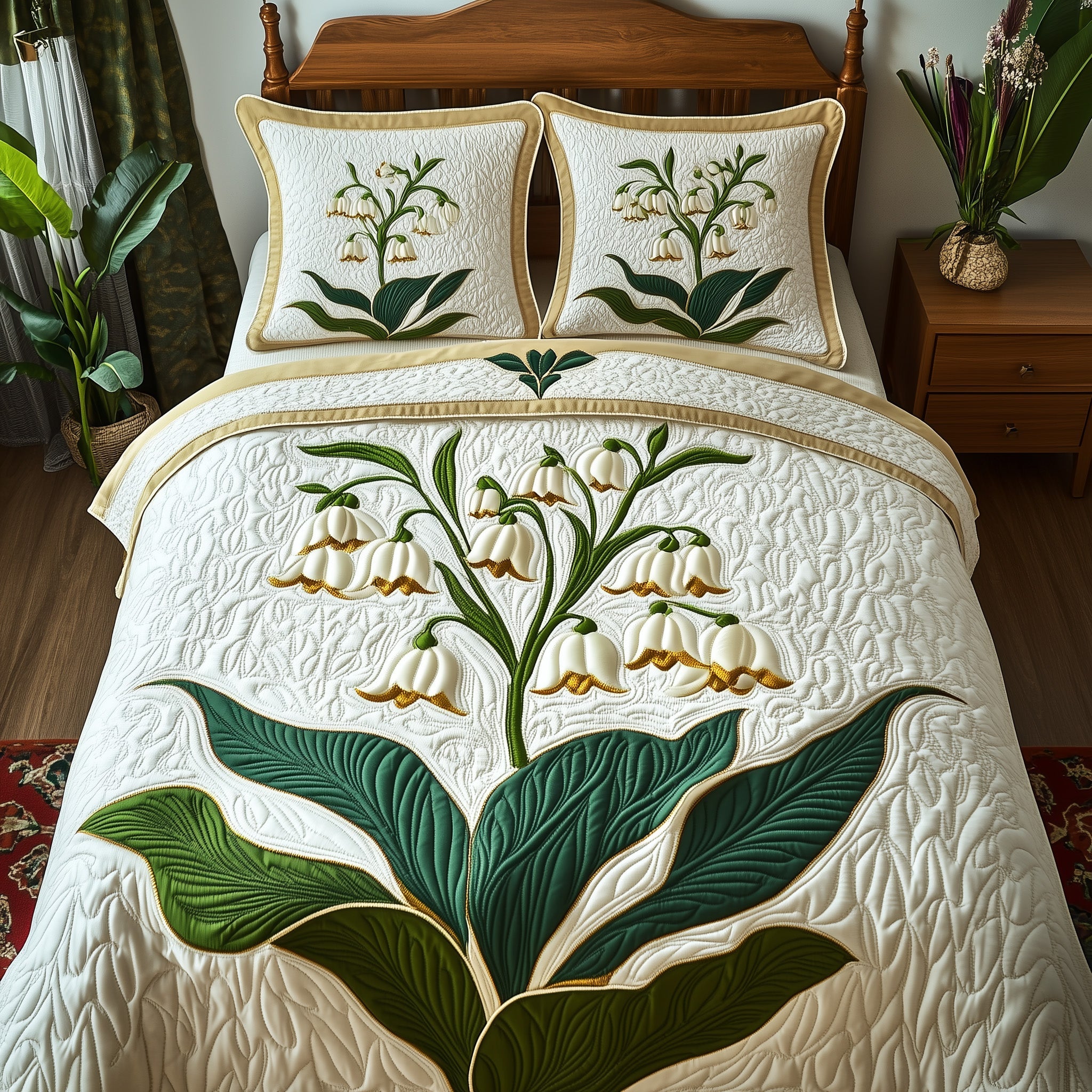 Elegant Lily of the Valley Quilted Bedding Set Duvet Cover Bedspread Christmas Presents For Wife