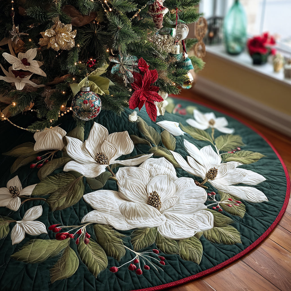 Elegant Magnolia Christmas Quilted Tree Skirt Holiday Decor Flower Lover Christmas Gift